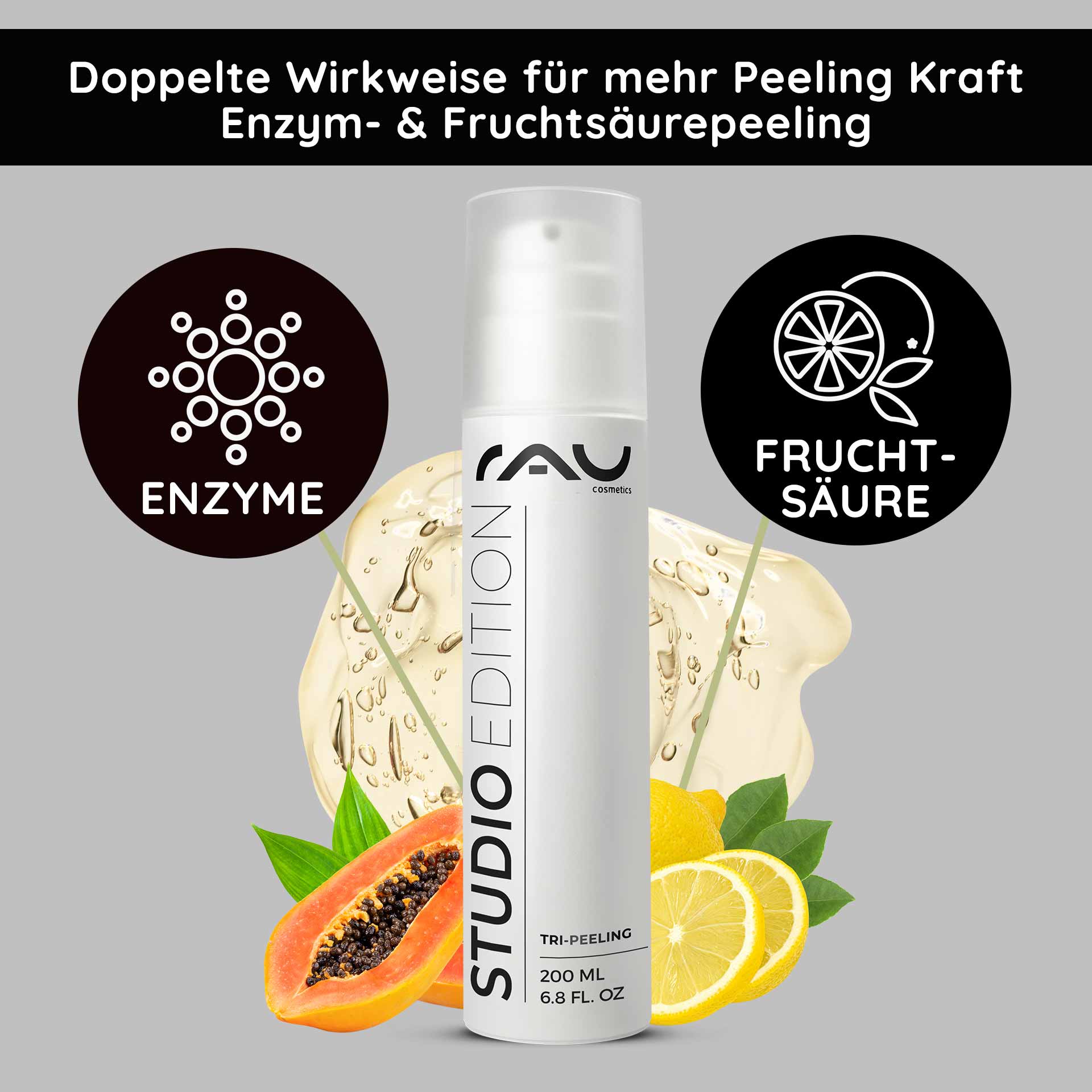 トライピーリング 200ml 酵素&フルーツ酸ピーリング Flasche Tri-Peeling von RAU Cosmetics, 200 ml, mit Abbildung von Enzymen und Fruchtsäuren, umgeben von Papaya- und Zitrusfrüchten, auf grauem Hintergrund, betont die multifunktionale Wirkung und Hautpflegeeigenschaften.