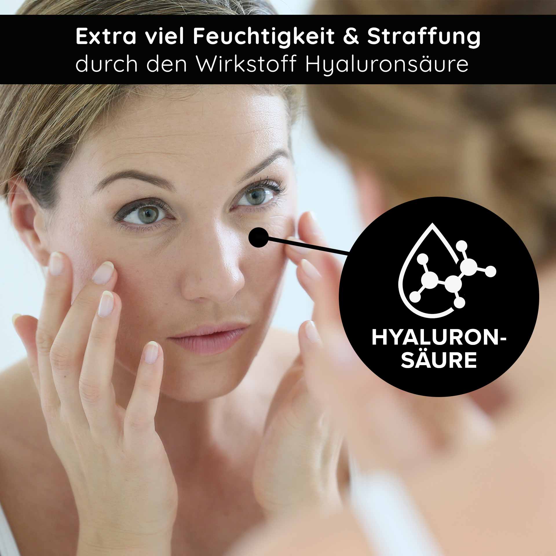 ステムセル クリーム 50ml 幹細胞 エイジングケア クリーム 乾燥肌用 Frau mit sanfter Hautpflegeanwendung, betont Hyaluronsäure für zusätzliche Feuchtigkeit und Straffung, im Kontext von Anti-Aging und Hautpflege.