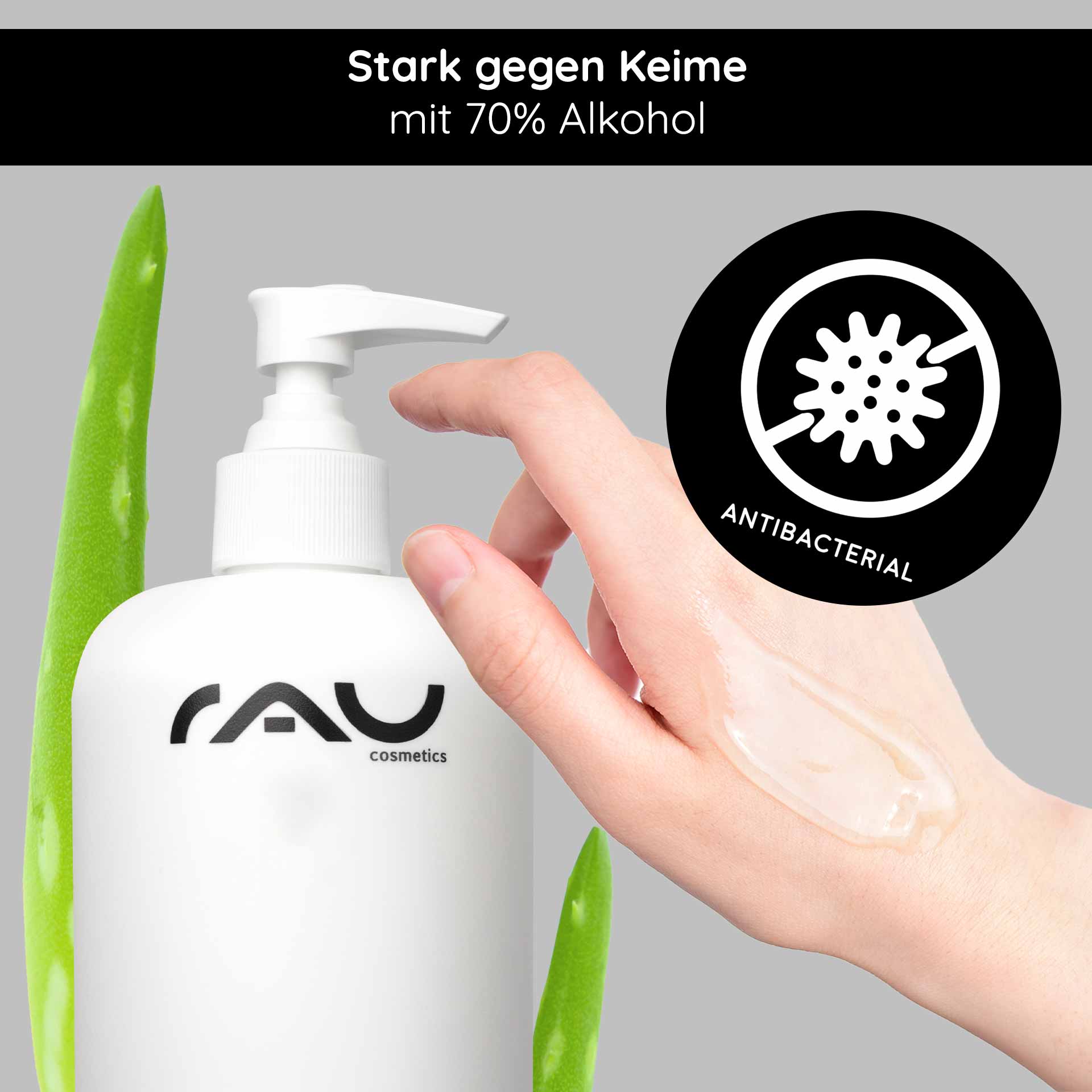 ハンドケア クレンジングジェル 500ml 消毒&ケア RAU Hand Care Reinigungsgel mit 70 % Alkohol, Aloe Vera und einer Hand, die das Gel aufträgt, wobei die antibakteriellen Eigenschaften und die Hautpflege im Vordergrund stehen.
