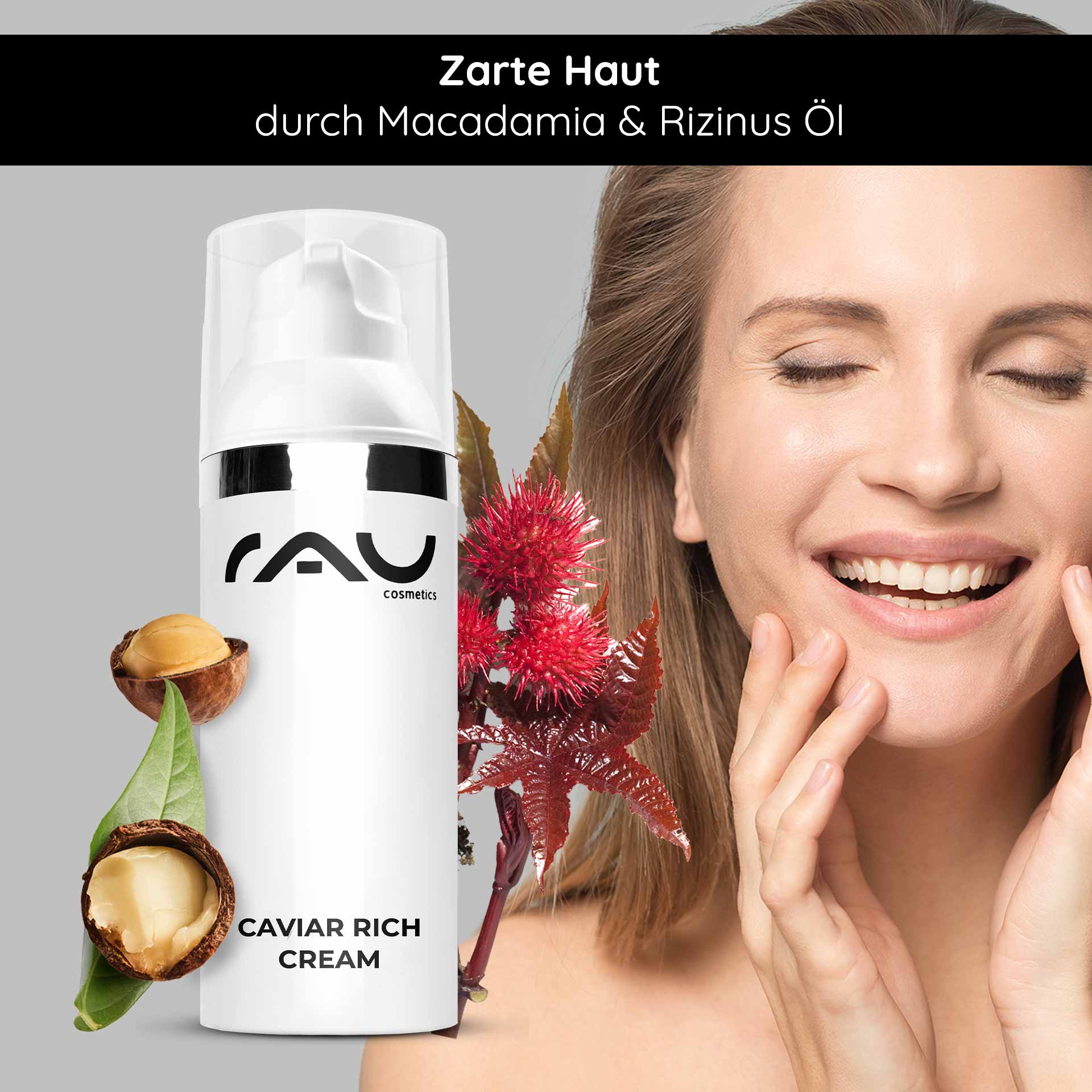 キャビア リッチクリーム 50ml リッチなエイジングケアクリーム Flasche Caviar Rich Cream mit Macadamia- und Rizinusöl, lächelnde Frau, die ihr Gesicht berührt, um die Vorteile weicher Haut zu fördern.