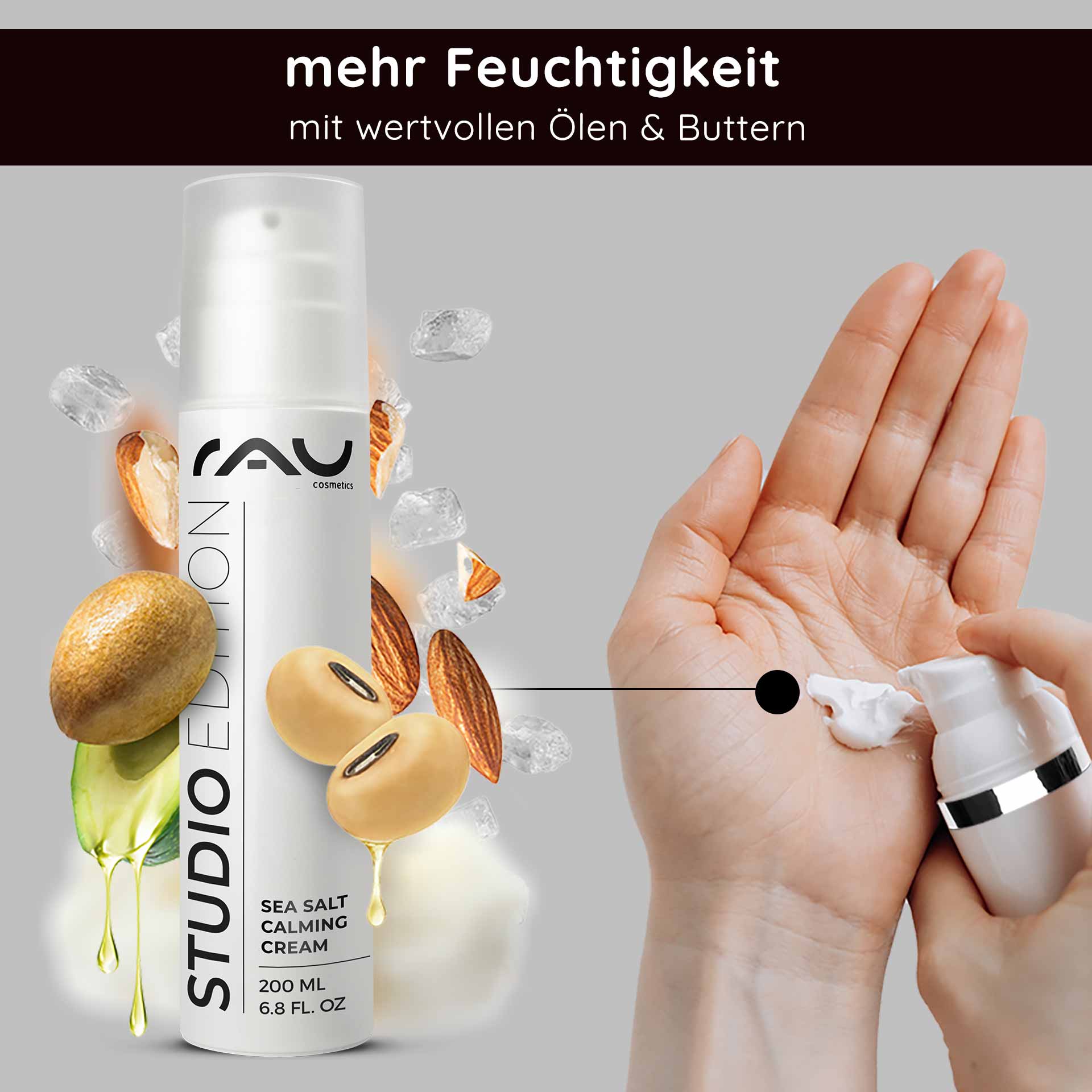シーソルト カーミングクリーム 200ml 海塩とPHA配合 Flasche der RAU Sea Salt Calming Cream mit Kamillenblüten, Meersalz und grünen Blättern, die die beruhigenden und feuchtigkeitsspendenden Eigenschaften für empfindliche Haut betont.