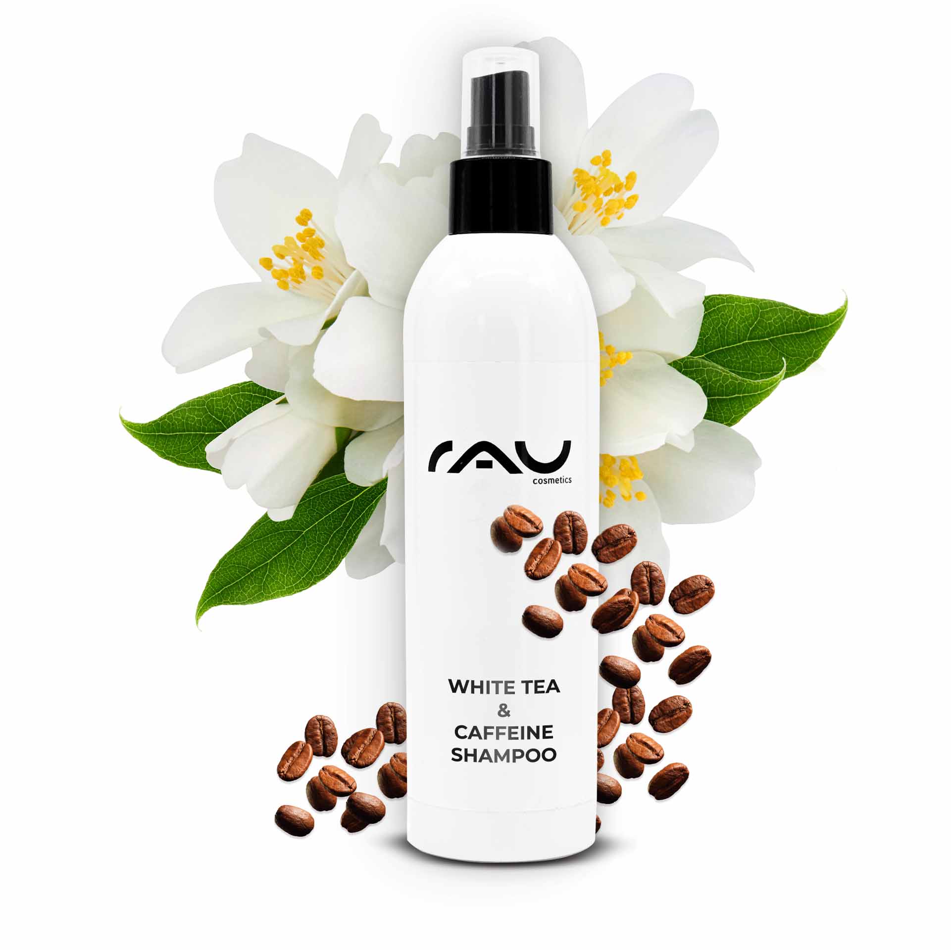 ホワイトティー&シュガービート シャワージェル 500ml シャワージェル Flasche mit RAU Cosmetics White Tea & Caffeine Shampoo, umgeben von weißen Blüten und Kaffeebohnen, symbolisiert belebende Haarpflege und intensive Feuchtigkeit.