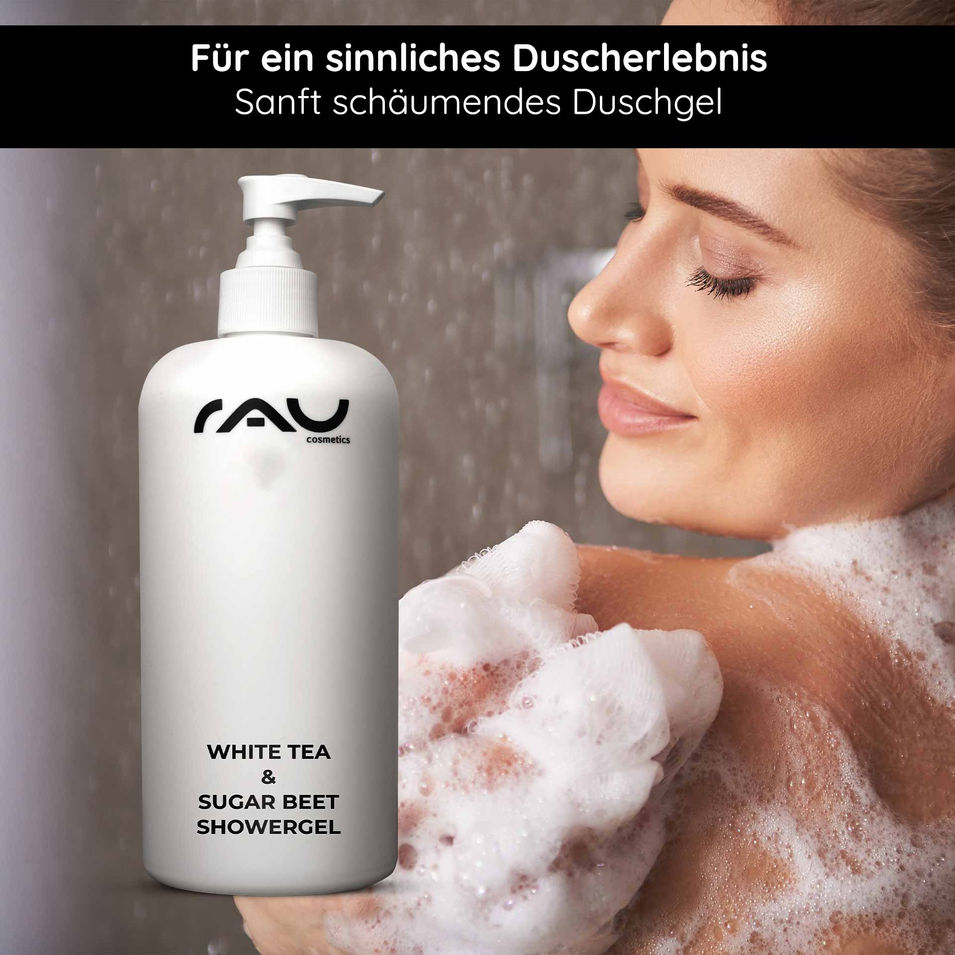 ホワイトティー&シュガービート シャワージェル 500ml シャワージェル Flasche von RAU Cosmetics mit White Tea & Sugar Beet Showergel, sanft schäumendes Duschgel, Anwendung auf der Haut, angenehmer Duft, für ein sinnliches Duscherlebnis.
