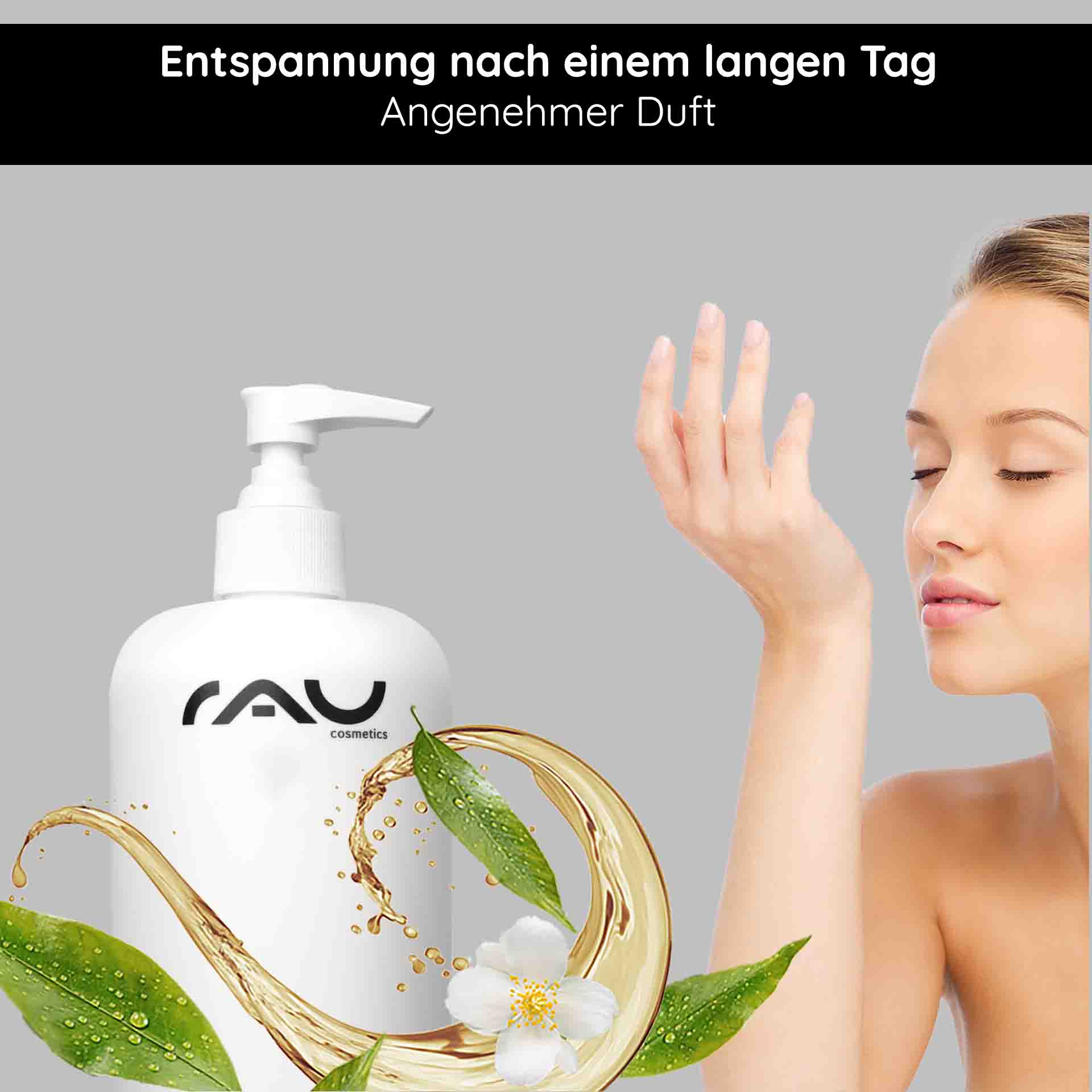 ホワイトティー&シュガービート シャワージェル 500ml シャワージェル RAU Cosmetics White Tea & Caffeine Shampoo – 500 ml Flasche mit Pumpverschluss, umgeben von weißen Blüten und grünen Blättern, die Frische und Pflege symbolisieren.