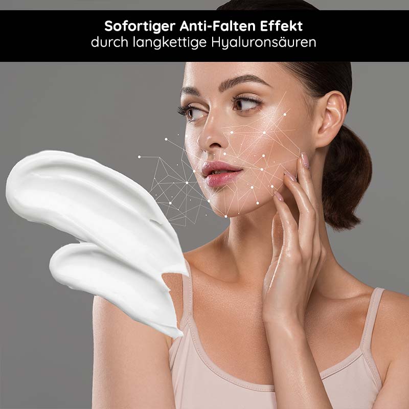 ヒアルロン24hクリーム 200ml シアバター&アボカドオイル配合 Frau mit glatter Haut und Anti-Falten-Creme, betont die Vorteile von langkettigen Hyaluronsäuren für sofortige Hautstraffung und -pflege.