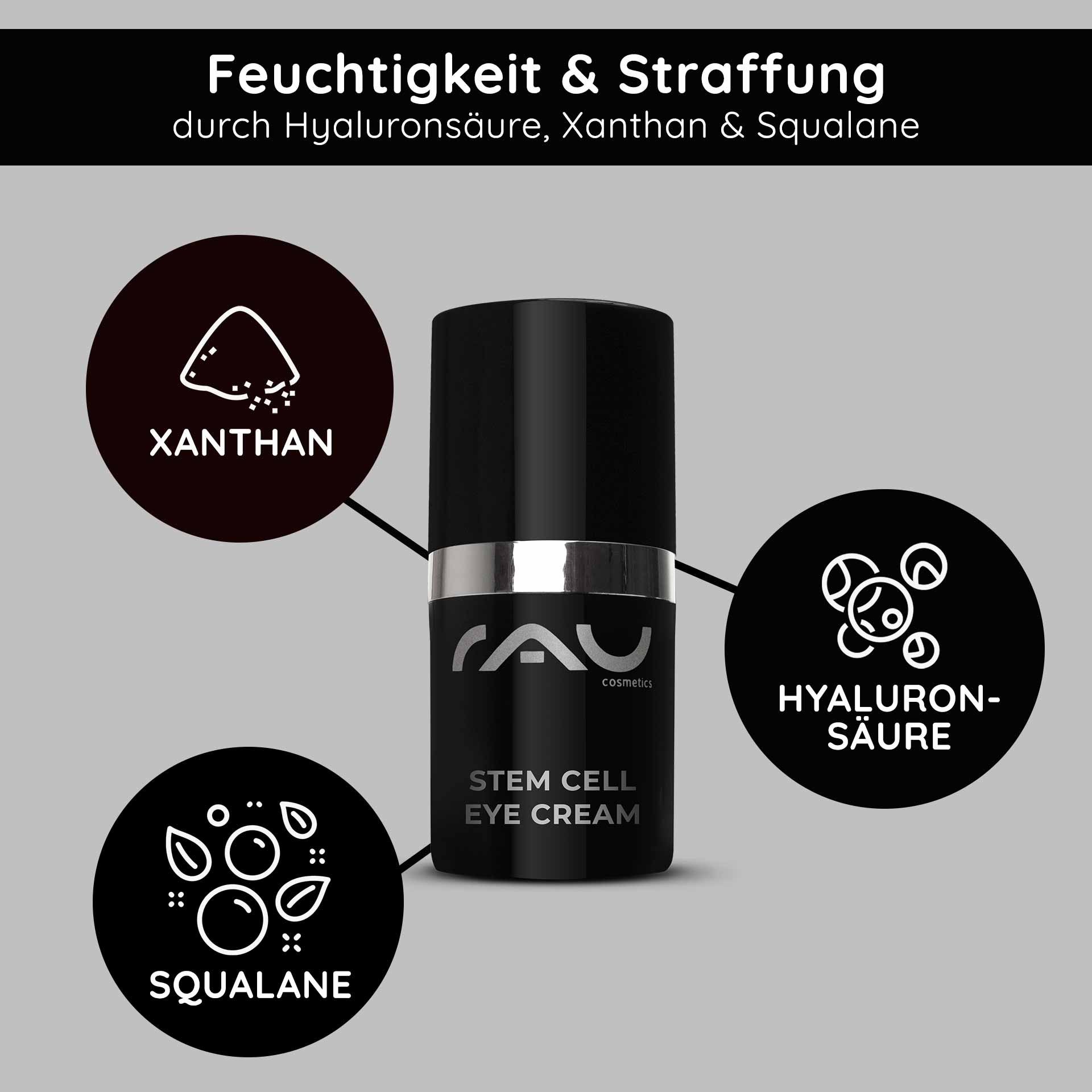 アイクリーム 15ml アンチエイジング アイクリーム RAU Cosmetics Stem Cell Eye Cream – luxuriöse Augencreme mit pflanzlichen Stammzellen aus Traube, Alpenrose und Schweizer Apfel. Abbildung des Produkts in einem eleganten Tiegel mit silbernem Deckel.