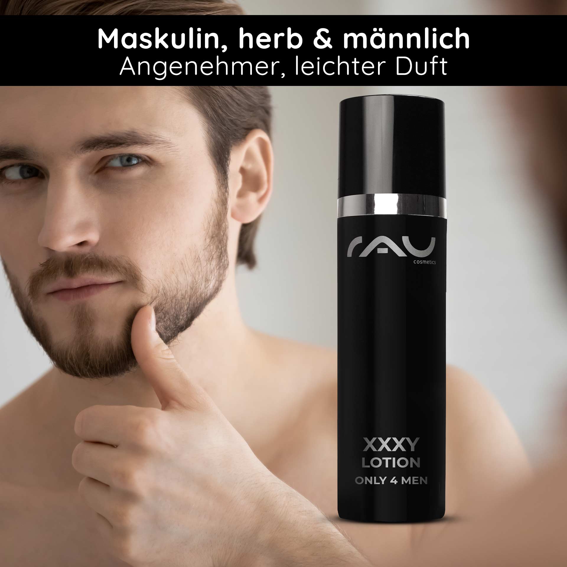 XXXYローション 4人用 50ml - エイジングケア Mann mit Bart, der die XXXY Lotion von RAU Cosmetics präsentiert, betont maskulinen, leichten Duft, Anwendung als Anti-Aging und Aftershave für Männerhaut.