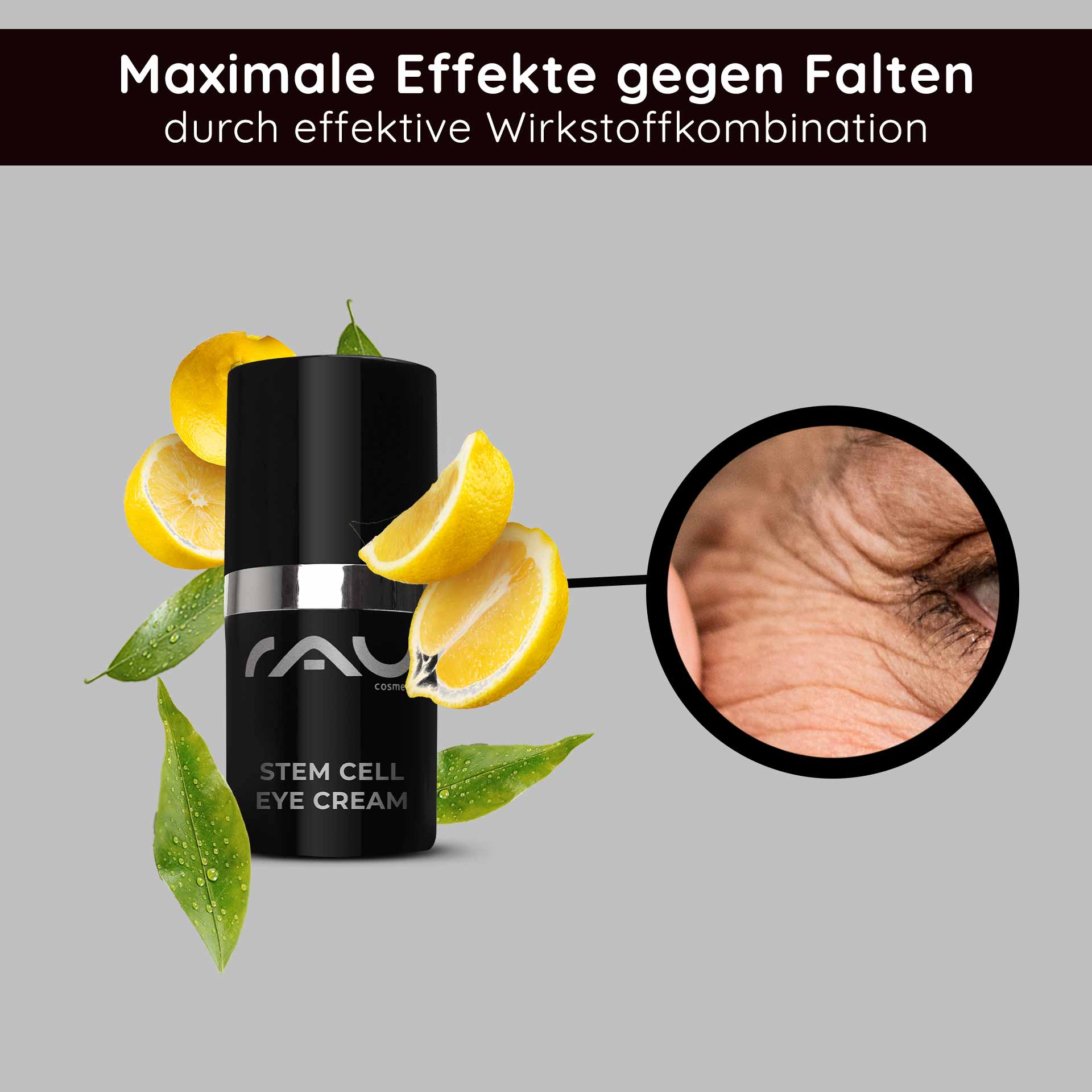 アイクリーム 15ml アンチエイジング アイクリーム RAU Cosmetics Stem Cell Eye Cream – luxuriöse Augencreme mit pflanzlichen Stammzellen aus Traube, Alpenrose und Schweizer Apfel. Abbildung des Produkts in einem eleganten Tiegel mit silbernem Deckel.