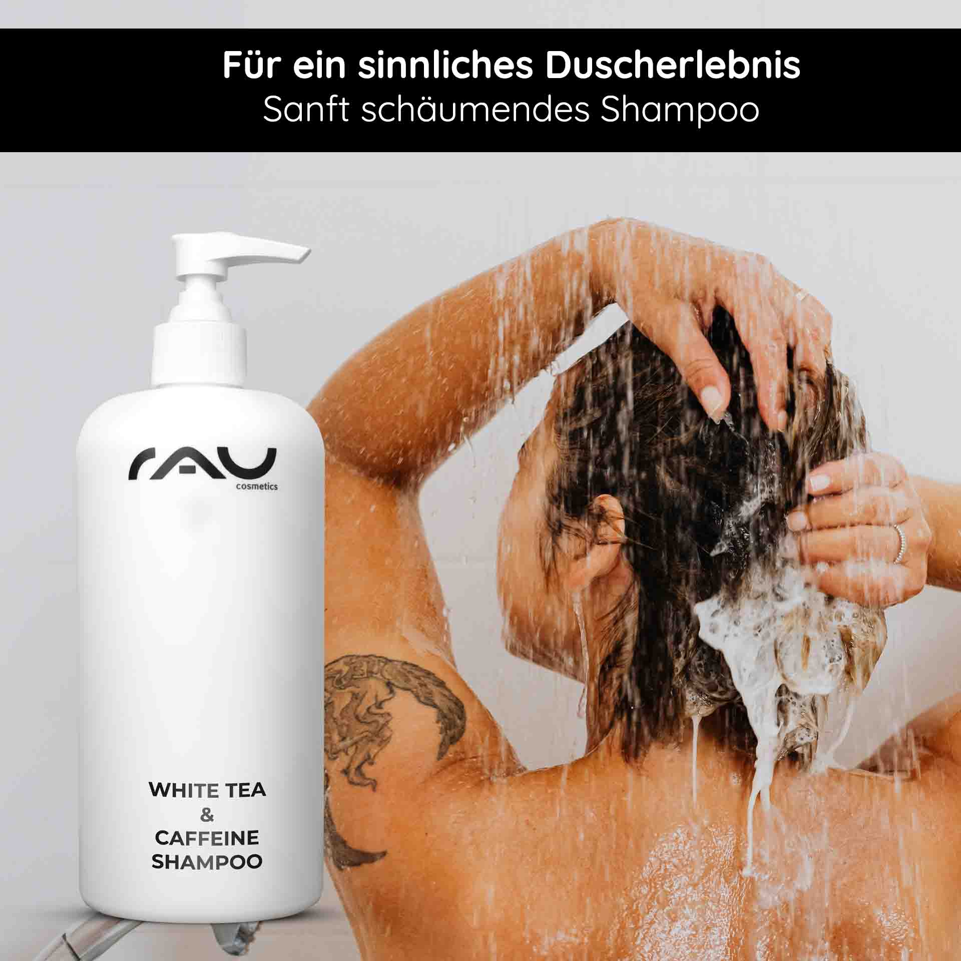 ホワイトティー&シュガービート シャワージェル 500ml シャワージェル RAU Cosmetics White Tea & Caffeine Hair Shampoo – 500 ml Flasche mit Pumpverschluss, umgeben von weißen Blüten und grünen Blättern, die Frische und Pflege symbolisieren.