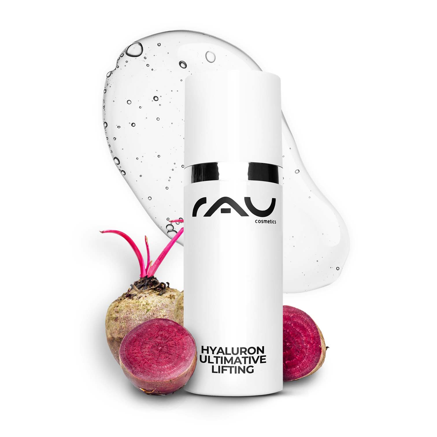 ヒアルロン アルティメイト リフティング 50ml ヒアルロン リフティングジェル Hyaluron Ultimative Lifting Serum von RAU Cosmetics in weißer Flasche mit silbernem Deckel, umgeben von Rüben und einem feuchtigkeitsspendenden Gel, präsentiert als Anti-Aging Lösung für trockene Haut.