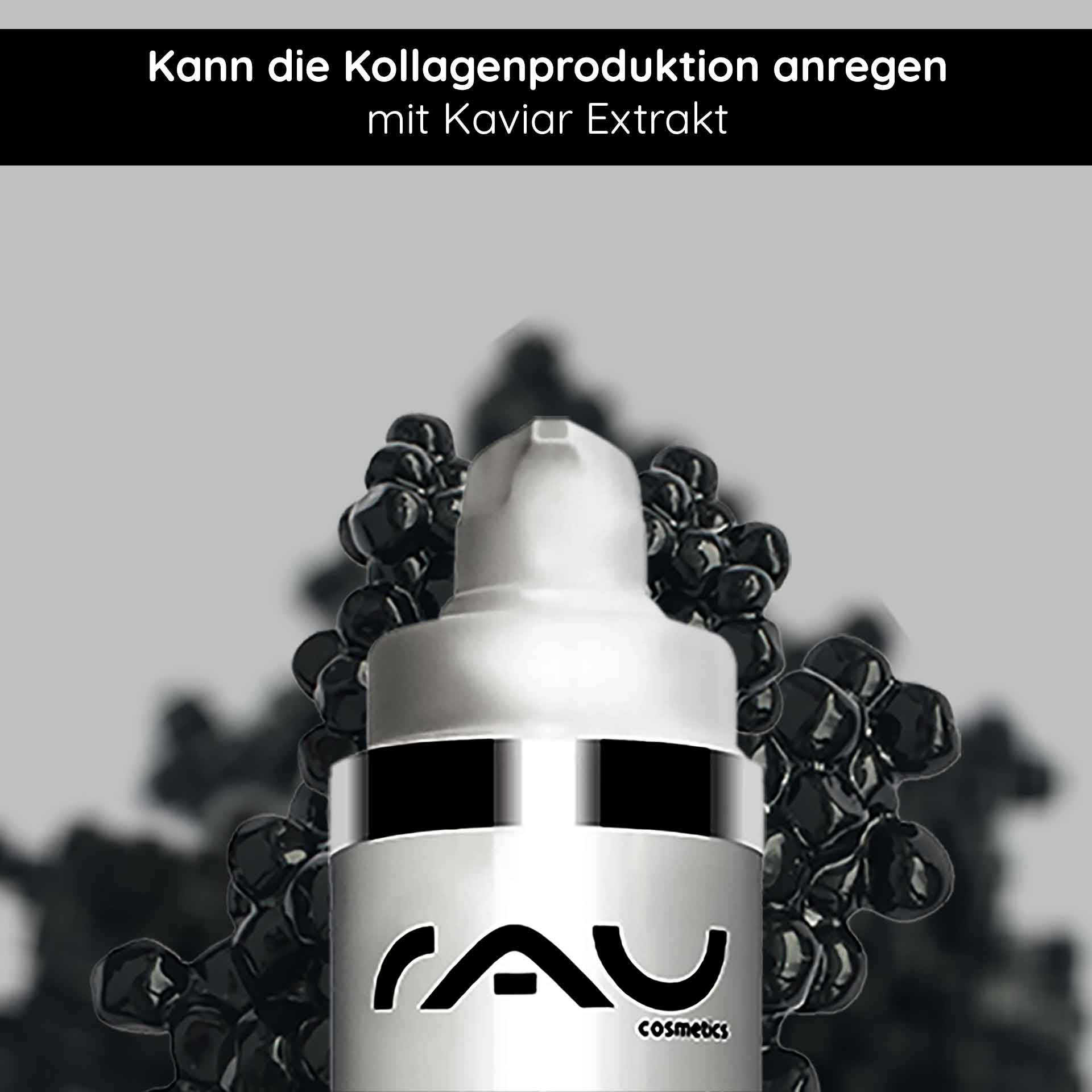 キャビア・アイクリーム 15ml 成熟した目元のために Flasche der RAU Cosmetics Caviar Eye Cream mit schwarzen Kaviarperlen im Hintergrund, die die Kollagenproduktion fördern.