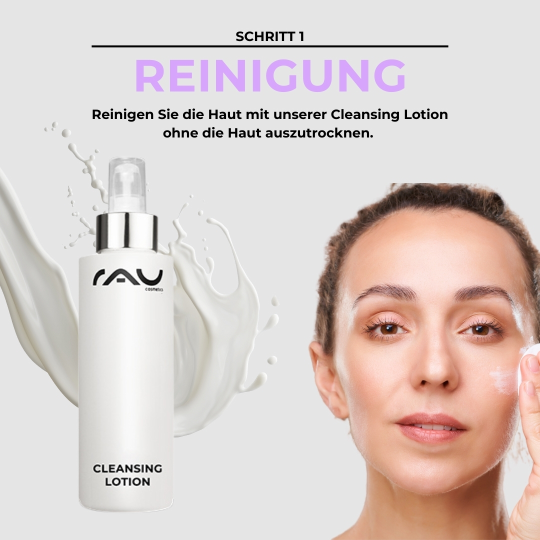 乾燥肌のためのプロフェッショナル・ケア・ルーチン Reinigungslotion von RAU Cosmetics, Frau trägt Produkt auf ihr Gesicht auf, Schritt 1 der professionellen Hautpflegeroutine für trockene Haut, sanfte Reinigung ohne Austrocknen der Haut.