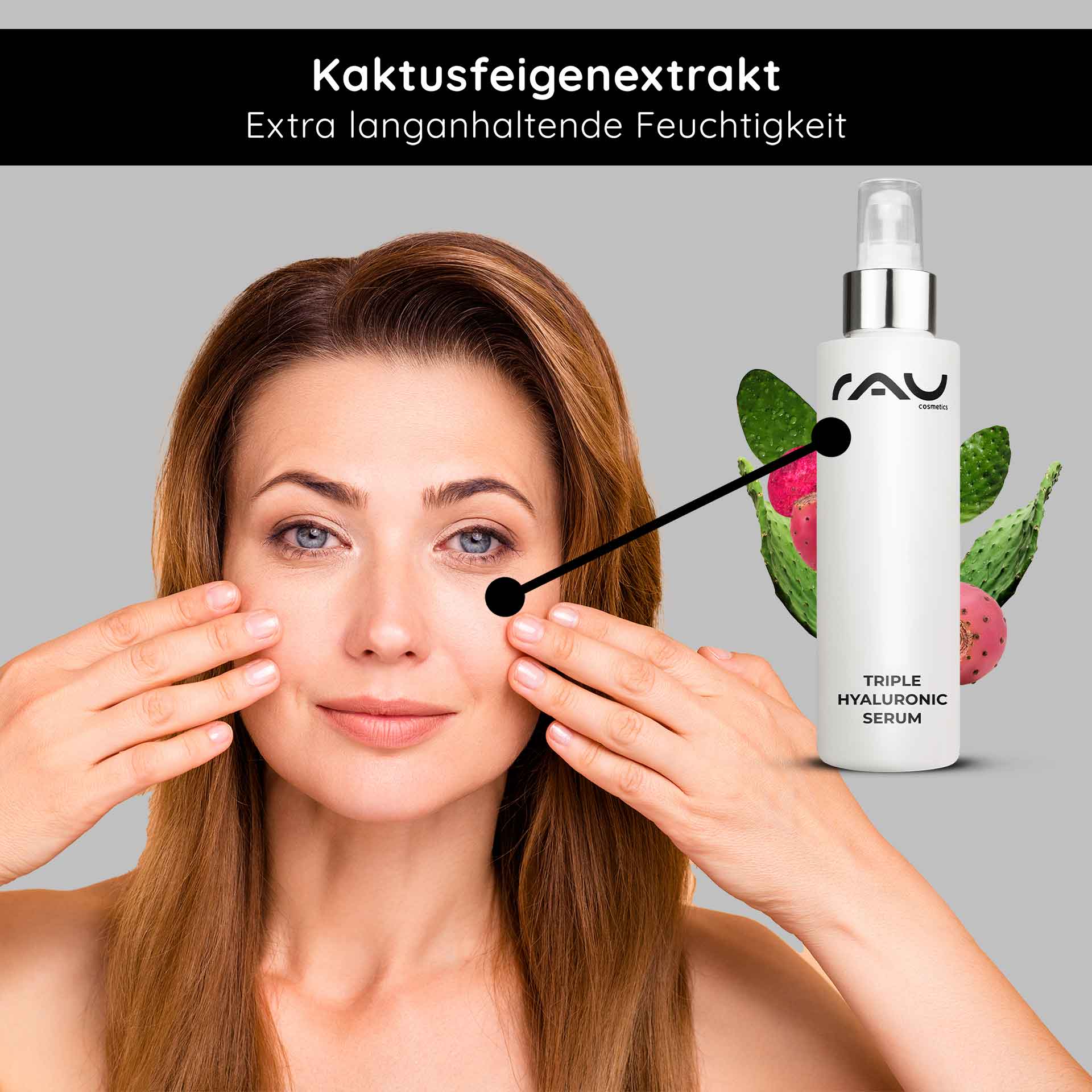 トリプルヒアルロン美容液 100ml パンテノール&ヒアルロン配合 Frau mit glatter Haut und Händen im Gesicht, präsentiert RAU Triple Hyaluronic Serum mit Kaktusfeigenextrakt für intensive Feuchtigkeit.