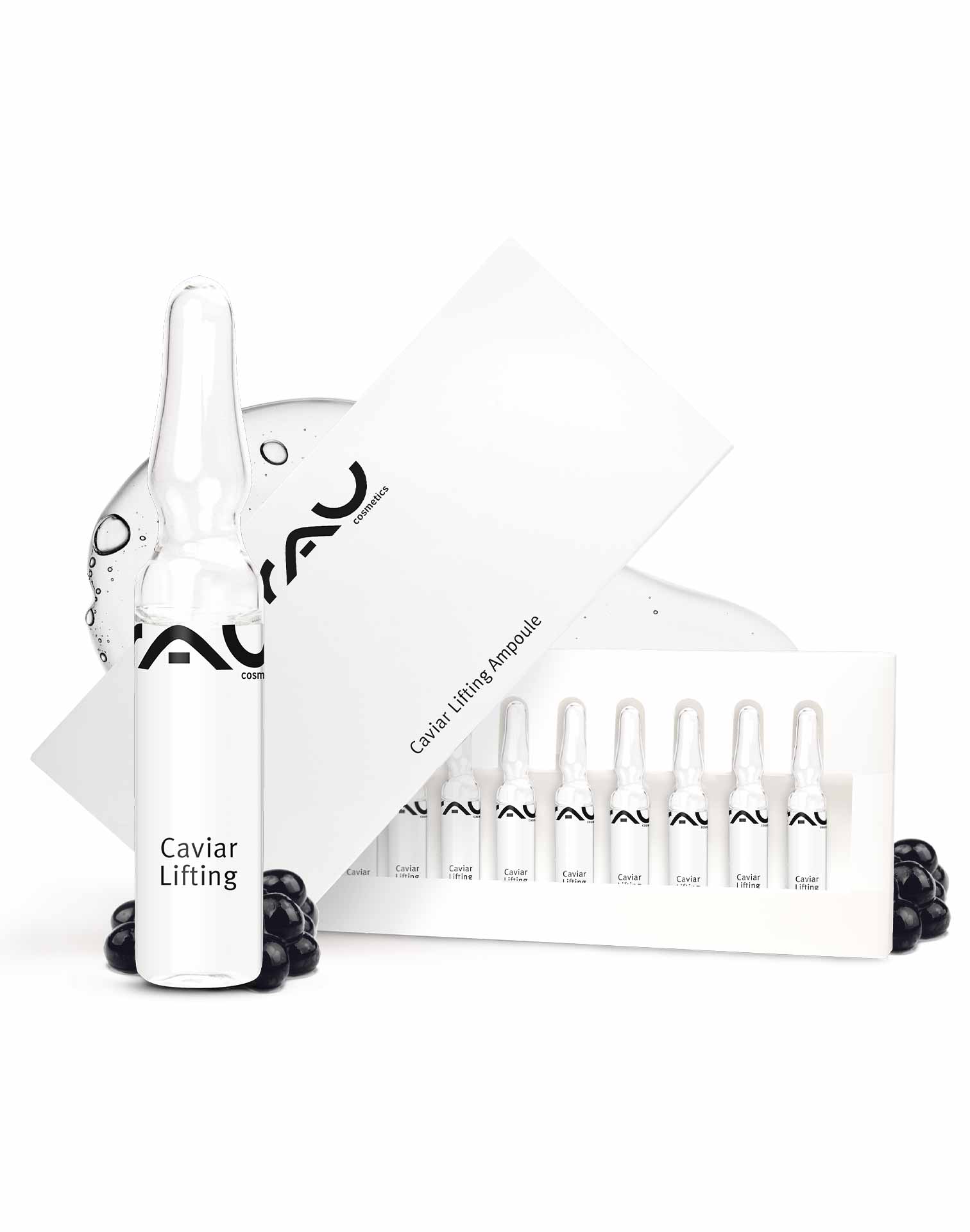 キャビア リフティング アンプル 10x2ml アンチエイジング&リプロアージュ Caviar Lifting Ampullen von RAU Cosmetics, 10x2 ml, Anti-Aging Serum mit Kaviarextrakt, verpackt in einer eleganten Box, umgeben von Kaviarperlen, für straffere und revitalisierte Haut.