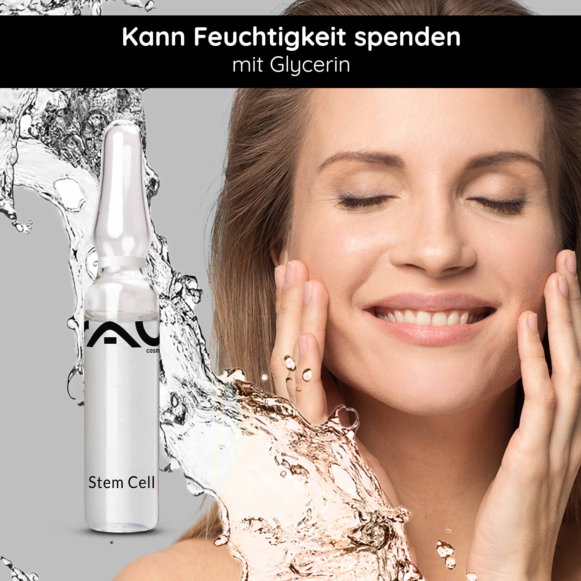 幹細胞アンプル 10x2ml 熟年肌のためのアンチエイジング RAU Cosmetics Stammzellenampulle mit Glycerin, Frau trägt Serum auf ihr Gesicht auf und betont dabei die Feuchtigkeitsversorgung und die Anti-Aging-Wirkung.