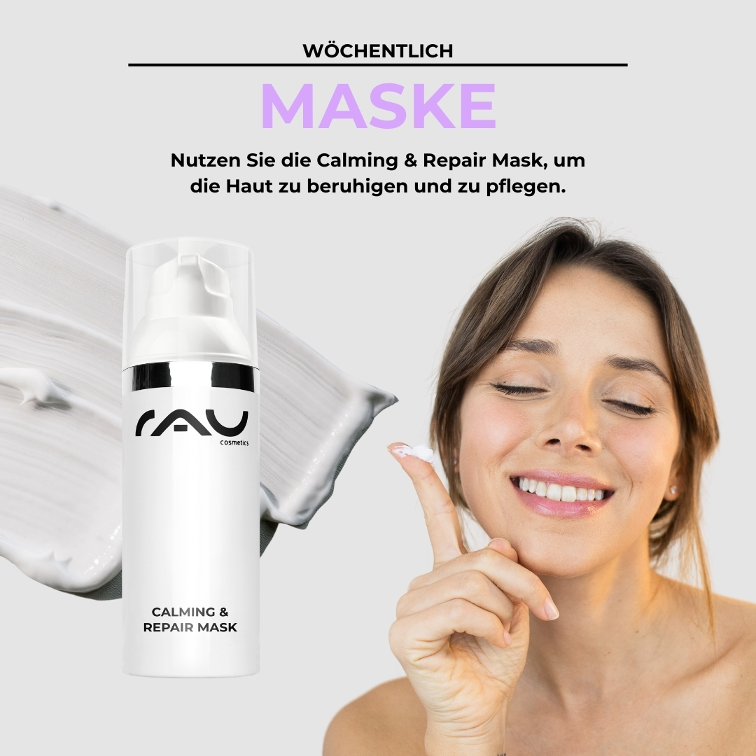 敏感肌のためのプロフェッショナル・ケア・ルーチン Calming & Repair Mask von RAU Cosmetics, Frau lächelt und cremt sich ein, Hautpflegeroutine für empfindliche Haut.