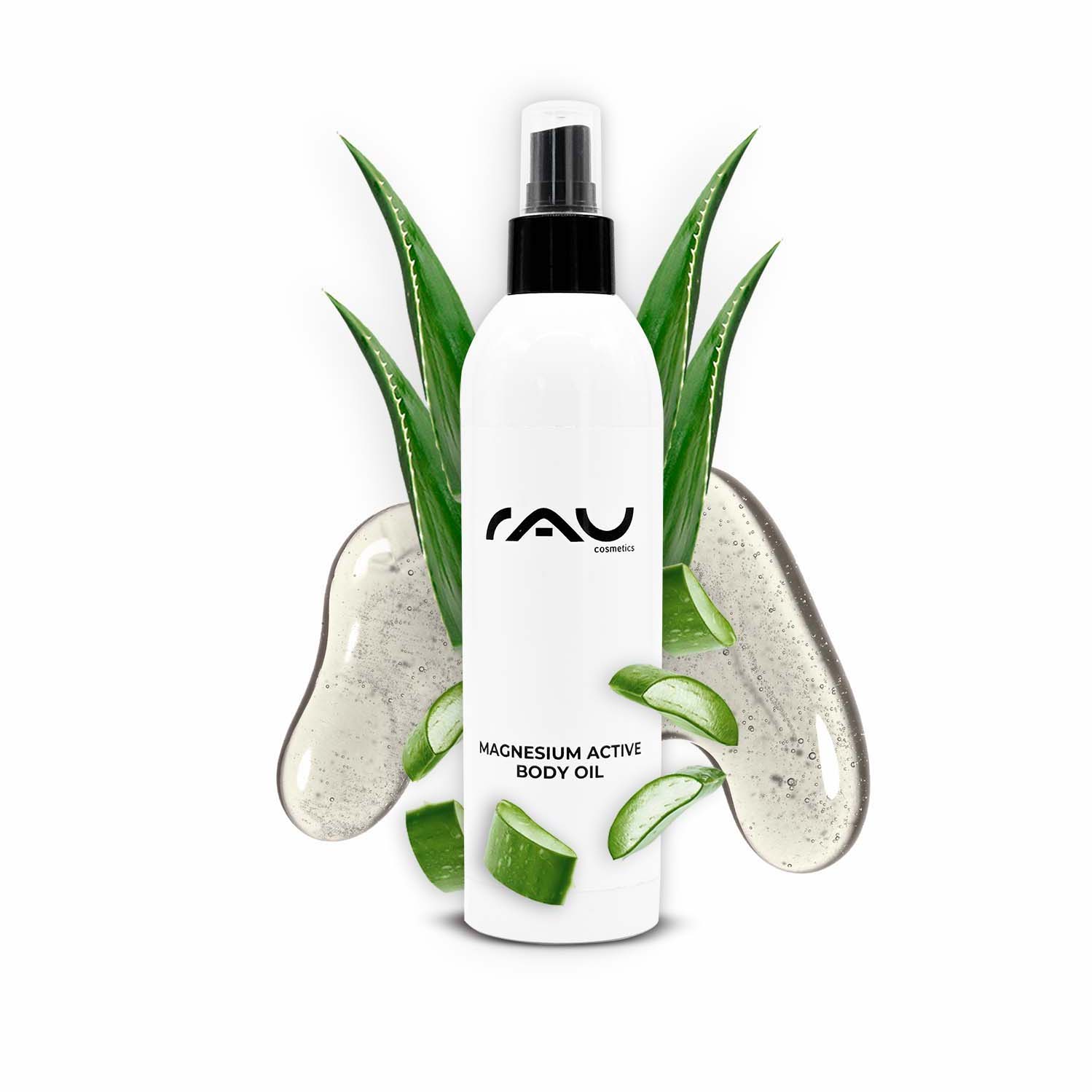 Magnesium Active Body Oil 250 ml - LIMITED EDITION Flasche RAU Magnesium Active Body Oil mit Aloe-Vera-Blättern, fördert die Hautpflege für die Muskelregeneration und die Gesundheit der Mitochondrien.