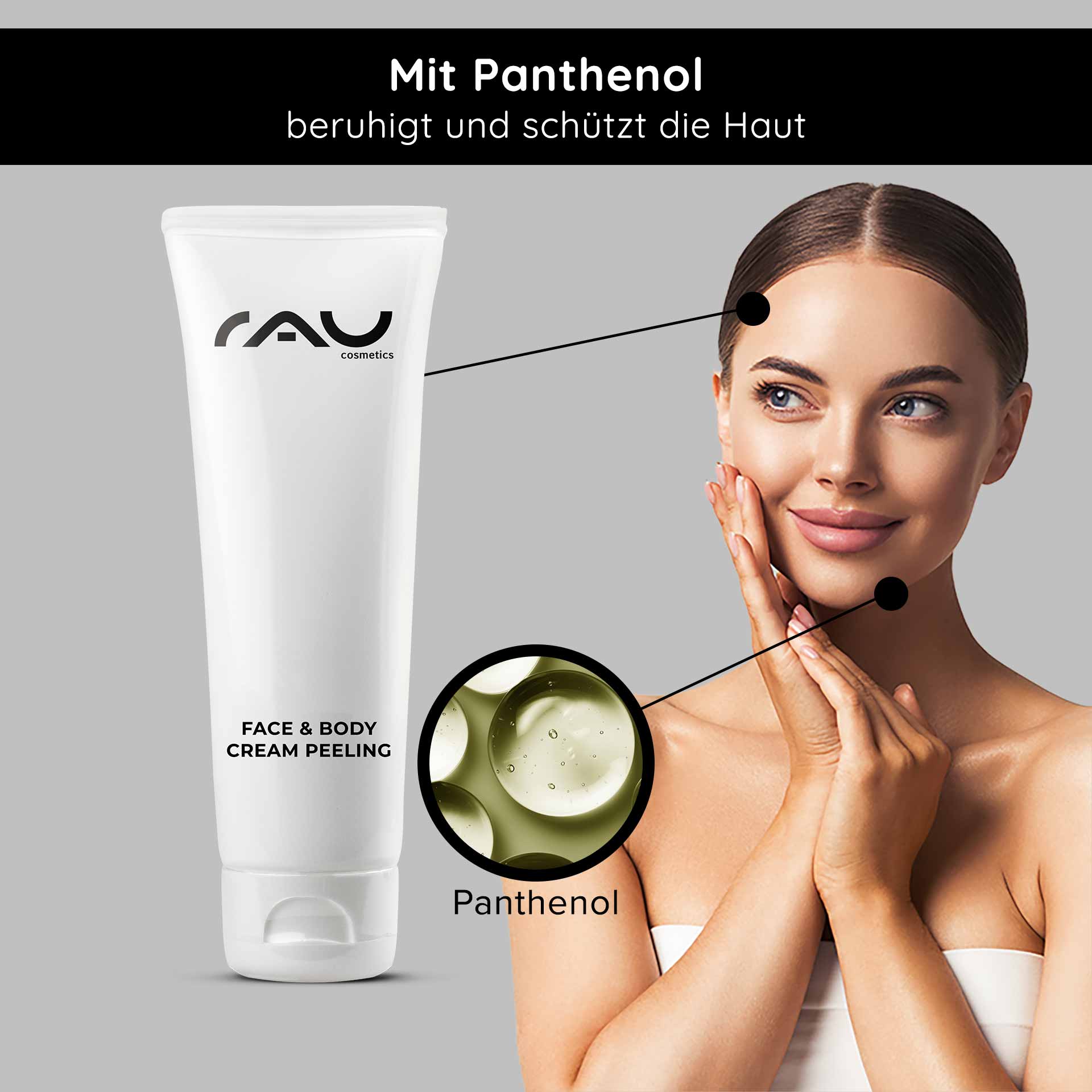 フェイス&ボディ クリームピーリング 75ml メカニカルピーリング RAU Cosmetics Face & Body Cream Peeling-Tube mit Panthenol, Frau trägt Produkt auf ihr Gesicht auf und betont die Vorteile für die Hautpflege.