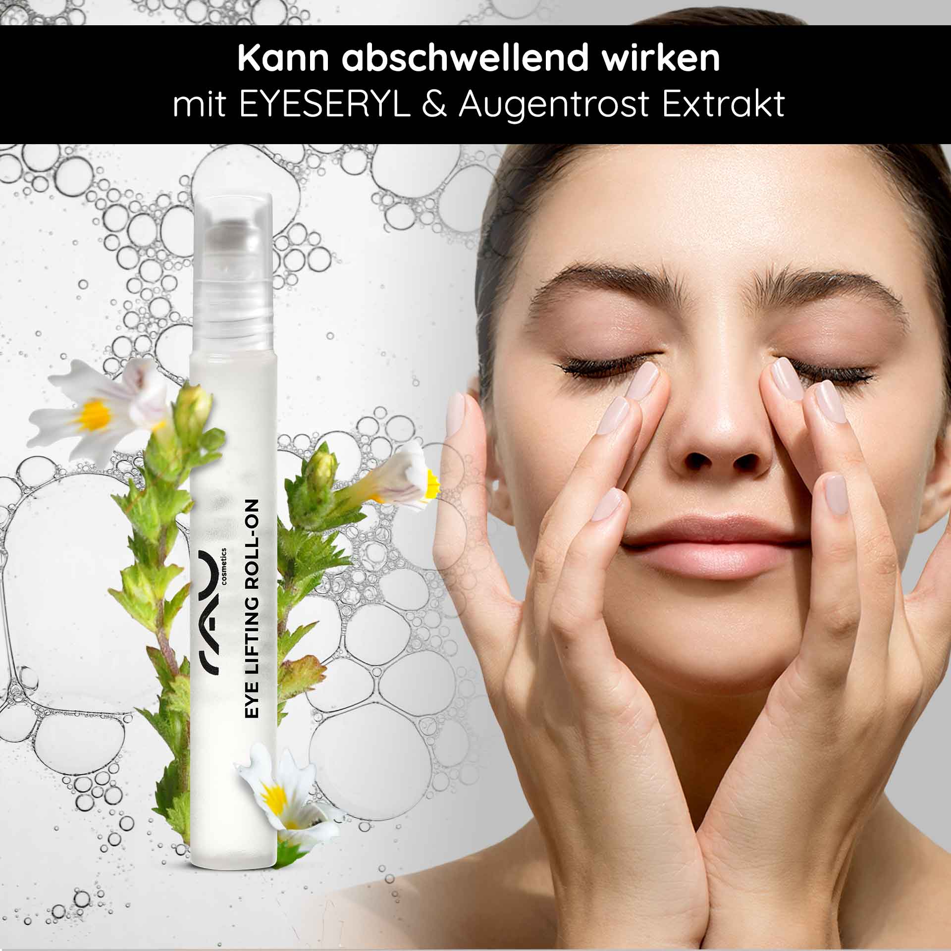 アイ リフティング ロールオン 10ml RAU Eye Lifting Roll-On mit EYESERYL und Augenkomfortextrakt, Frau trägt Produkt auf die Augenpartie auf, Blasen und florale Elemente im Hintergrund.