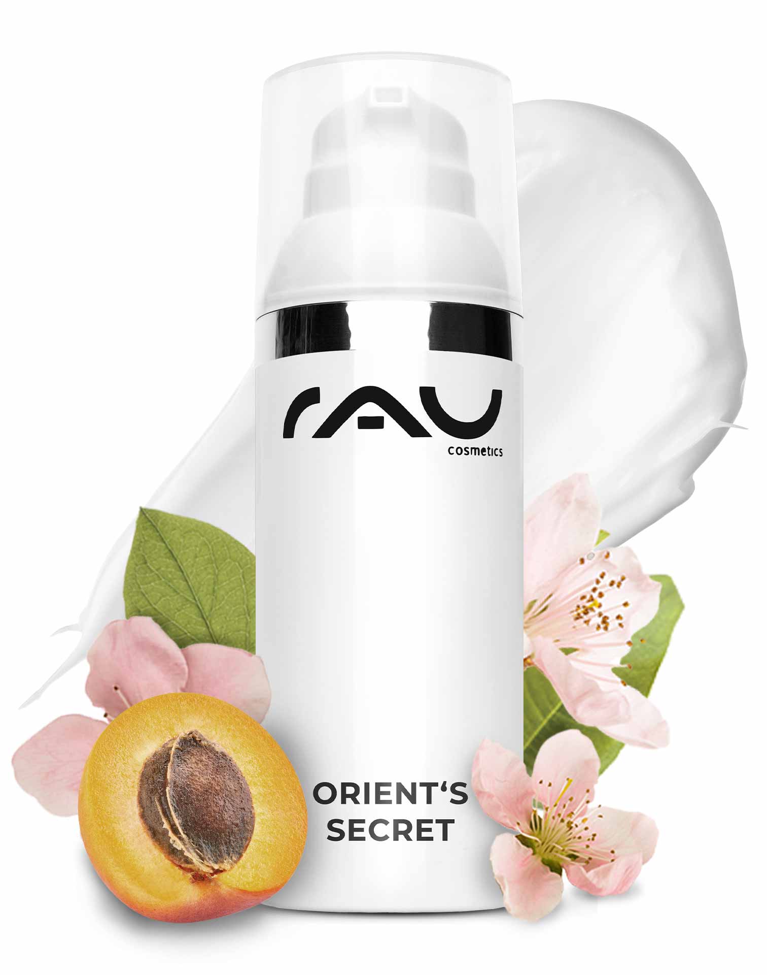 オリエント・シークレット 50ml アムネシスト・パウダー入り RAU Cosmetics Orient's Secret Gesichtscremeflasche mit floralen Elementen und Pfirsich, fördert die Hautelastizität und Feuchtigkeitsversorgung für alle Hauttypen.