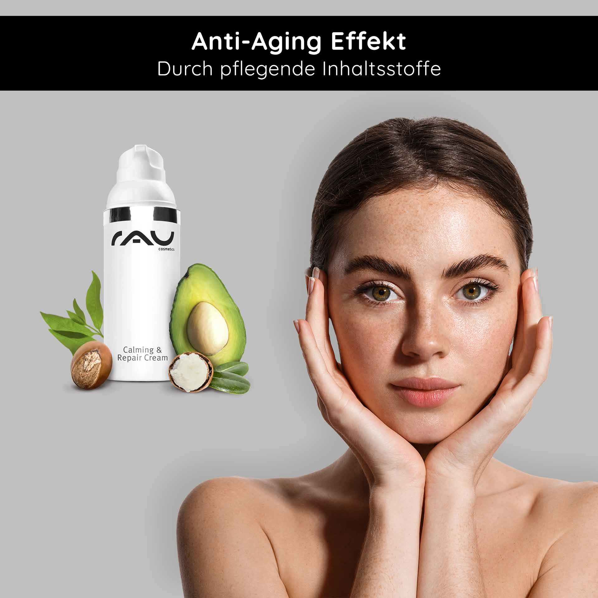 カーミング&リペアクリーム 50ml 肌を落ち着かせる Frau mit beruhigter Haut und RAU Cosmetics Calming & Repair Cream, umgeben von Avocado und anderen pflegenden Inhaltsstoffen, betont Anti-Aging-Effekte.