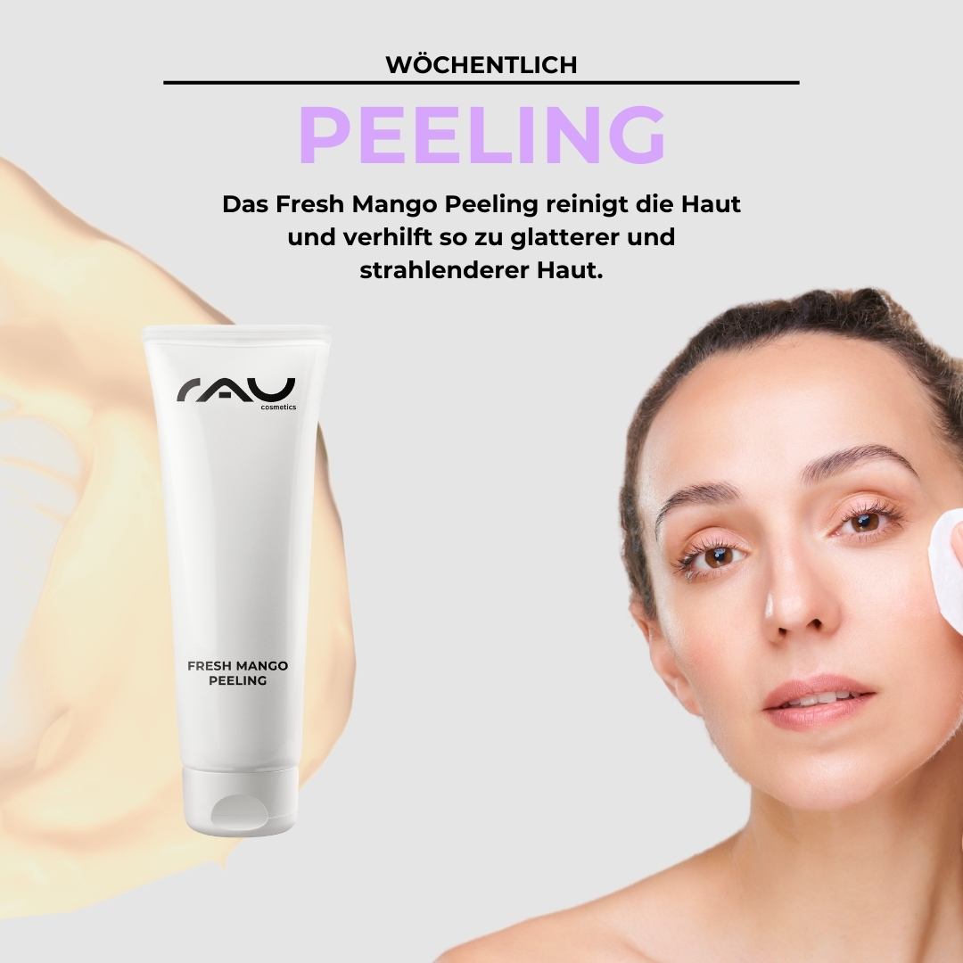 乾燥肌のためのプロフェッショナル・ケア・ルーチン RAU Cosmetics Profi-Pflegeroutine für trockene Haut – Enzympeeling mit Shea Butter und Squalane für sanfte Zellerneuerung und Feuchtigkeitsversorgung.