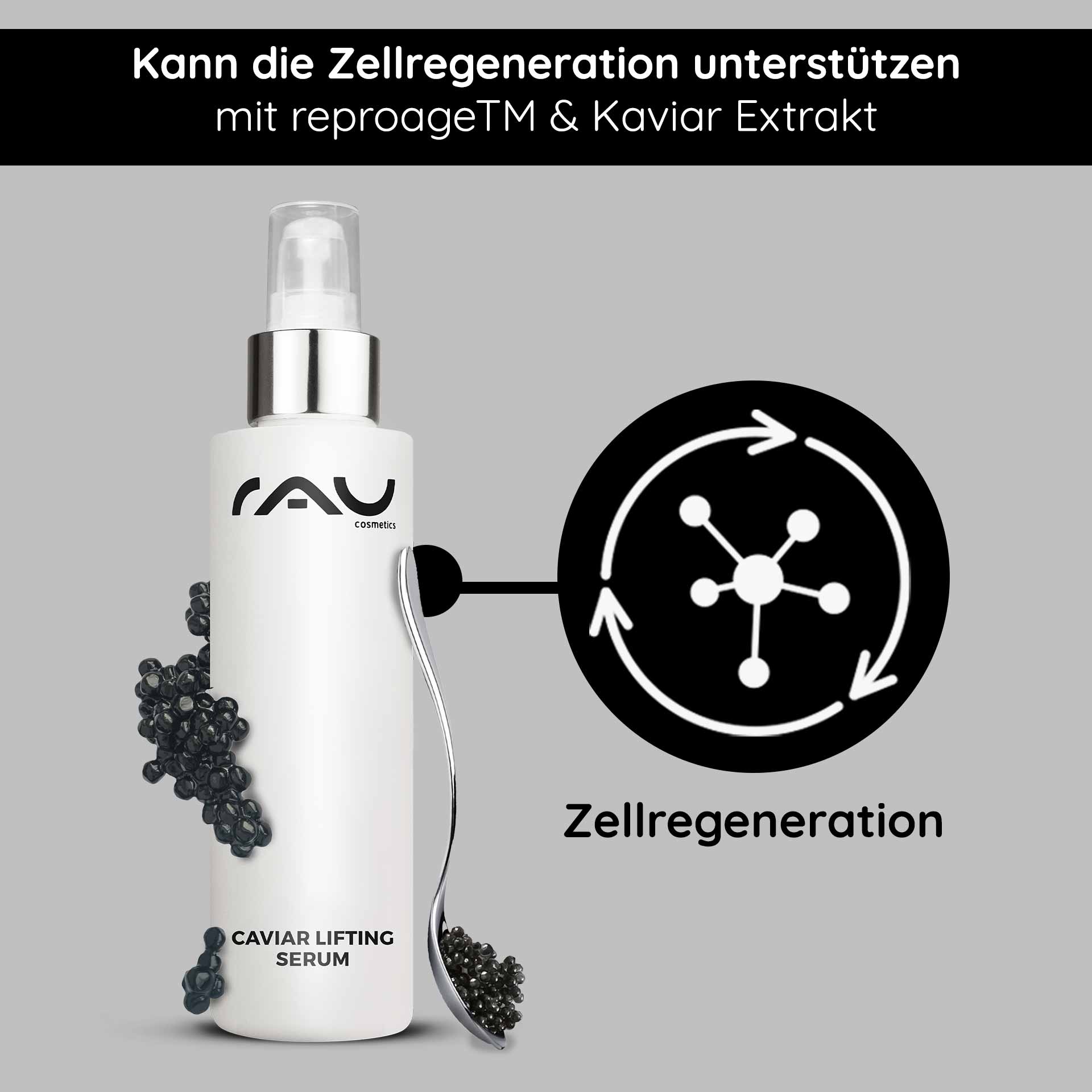 キャビア リフティングセラム 100ml リプロアージュ&キャビアエキス配合 Caviar Lifting Serum von RAU Cosmetics mit Kaviarextrakt und reproageTM, fördert die Zellregeneration, präsentiert in eleganter Flasche mit Applikator.