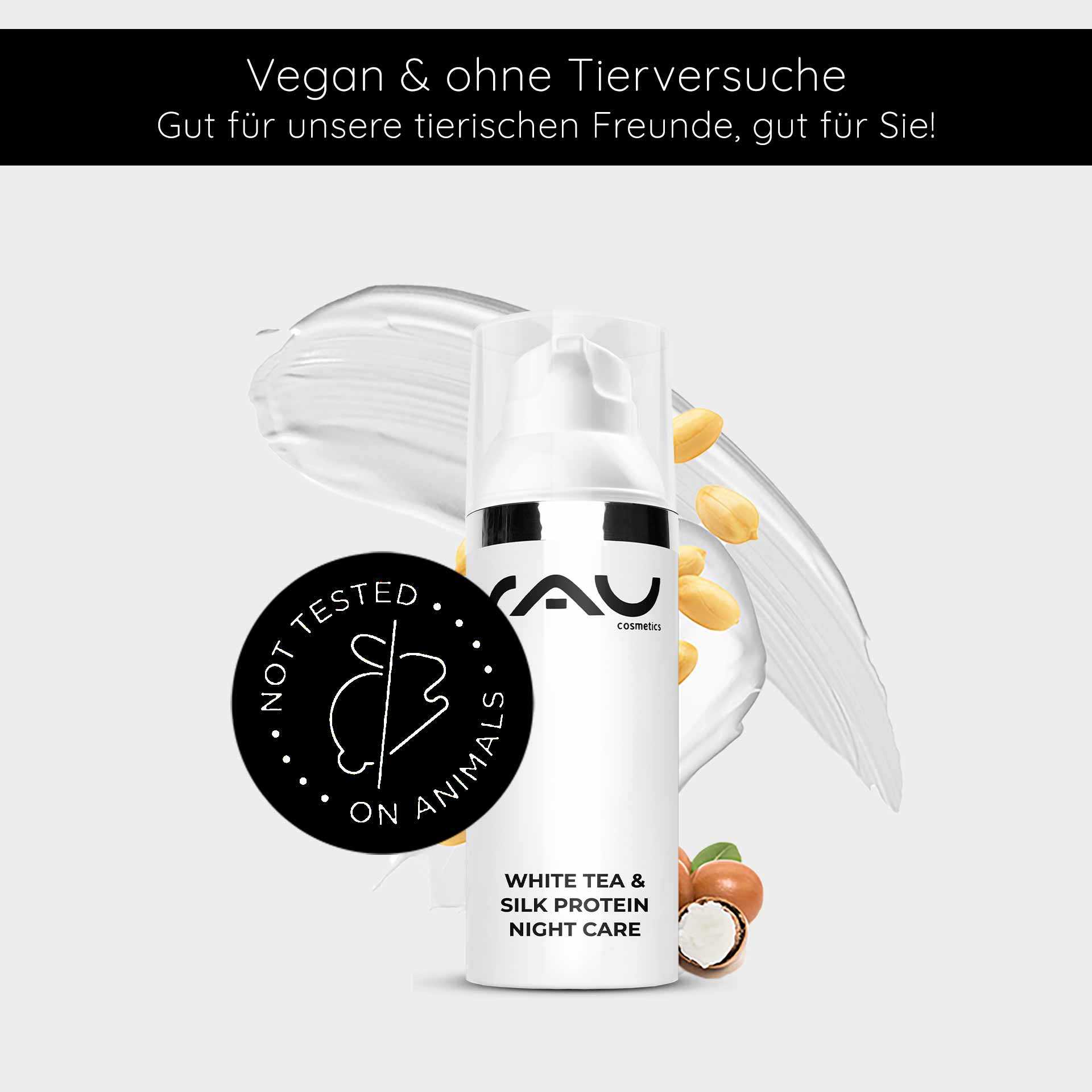 ホワイトティー&シルクプロテイン ナイトケア 50ml ナイトクリーム RAU Cosmetics White Tea & Silk Protein Nachtpflegecreme in einer eleganten Flasche mit dem Logo „Nicht an Tieren getestet“ und einem Hintergrund aus cremiger Textur und Nüssen, der die vegane Hautpflege für die Feuchtigkeitsversorgung und Regeneration im