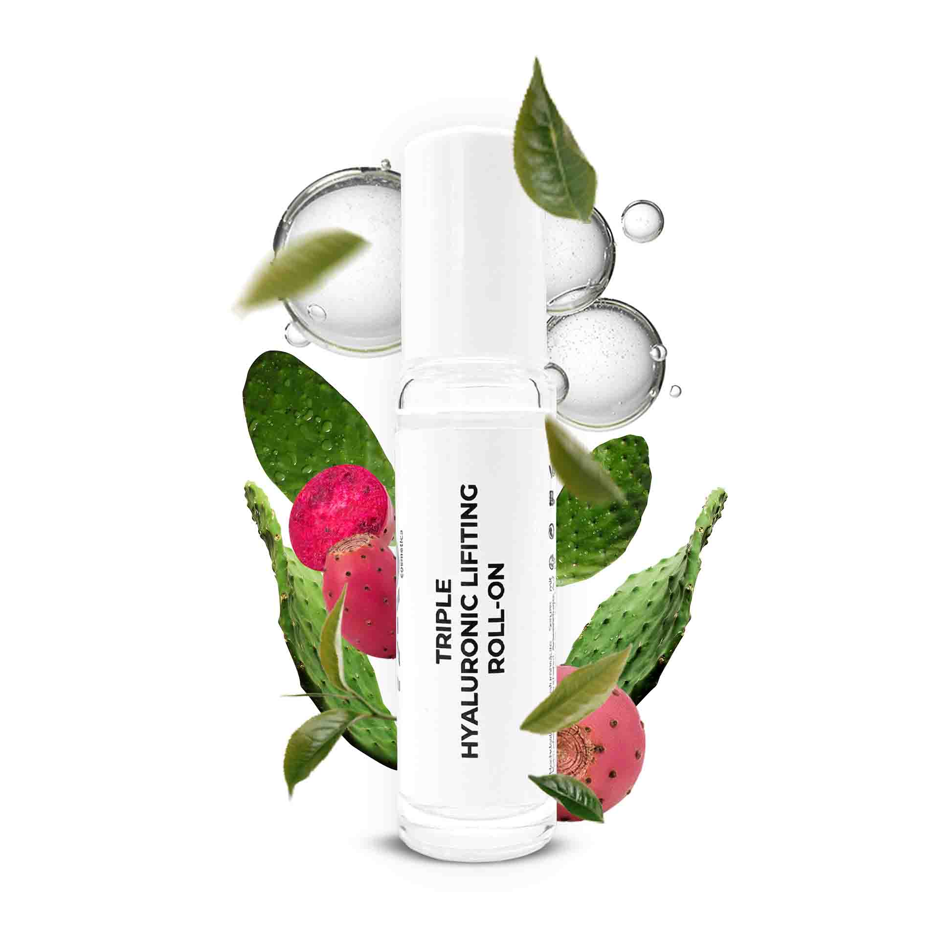 山椒のアンプル 10x2 ml 3倍ヒアルロン酸 Dreifach-Hyaluron-Lifting-Roll-On-Serum mit Kaktusextrakt und drei Hyaluronsäurearten, umgeben von grünen Blättern und rosa Kaktusfrüchten, für tiefe Feuchtigkeitsversorgung und Anti-Aging-Vorteile.