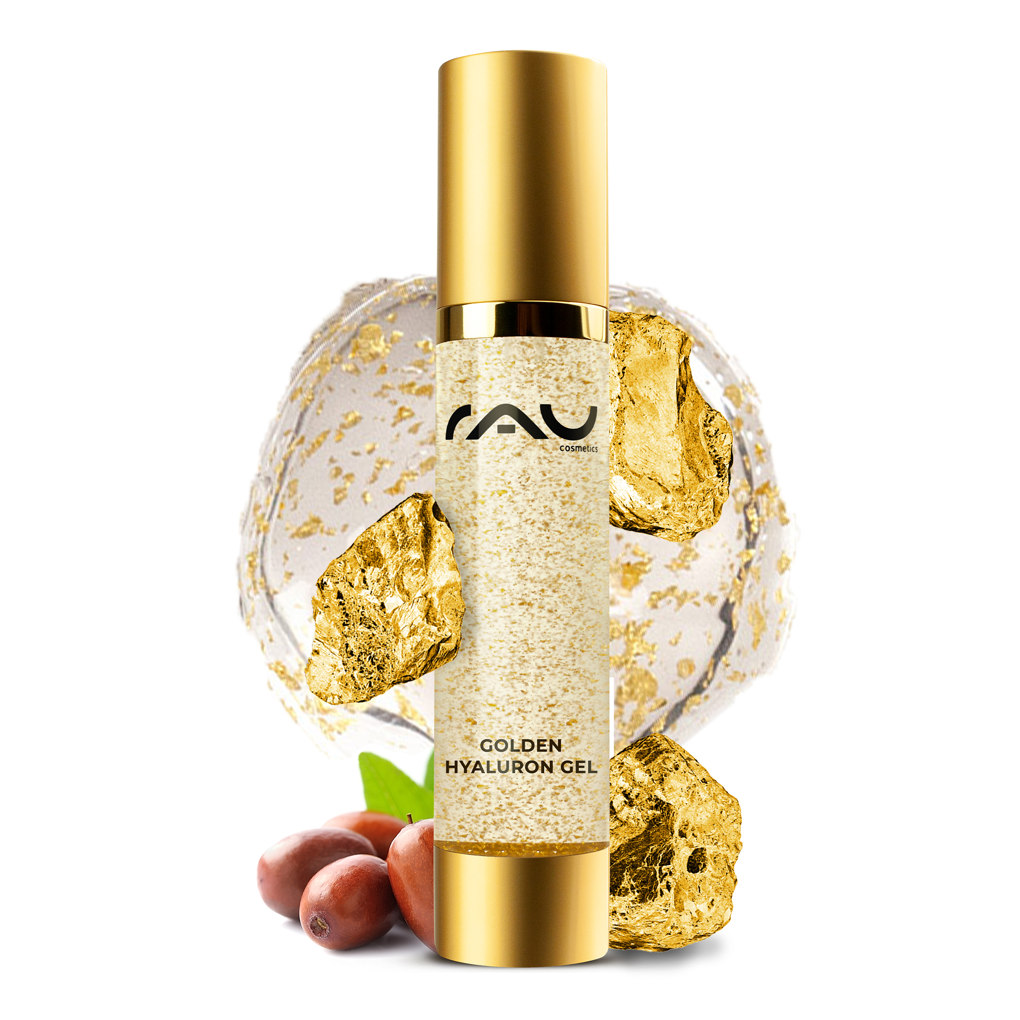 ゴールデン・ヒアルロン・ジェル 50ml 23金配合アンチエイジング・ジェル RAU Cosmetics Golden Hyaluron Gel mit 23 Karat Gold, luxuriöse Anti-Aging-Formel, umgeben von Goldflocken und natürlichen Inhaltsstoffen, entwickelt für reife und trockene Hauttypen.