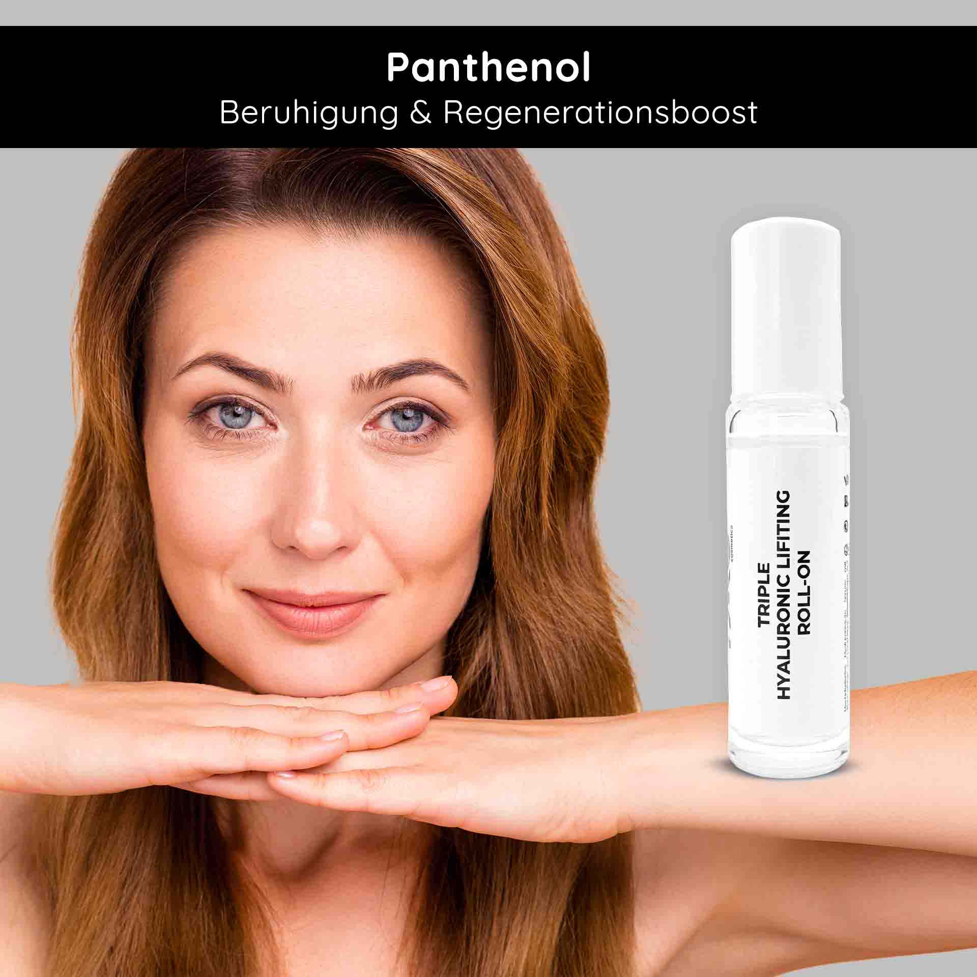 山椒のアンプル 10x2 ml 3倍ヒアルロン酸 Frau mit sanftem Lächeln und glatter Haut, präsentiert das Triple Hyaluronic Lifting Roll-On Serum, betont mit Panthenol für Beruhigung und Regeneration.