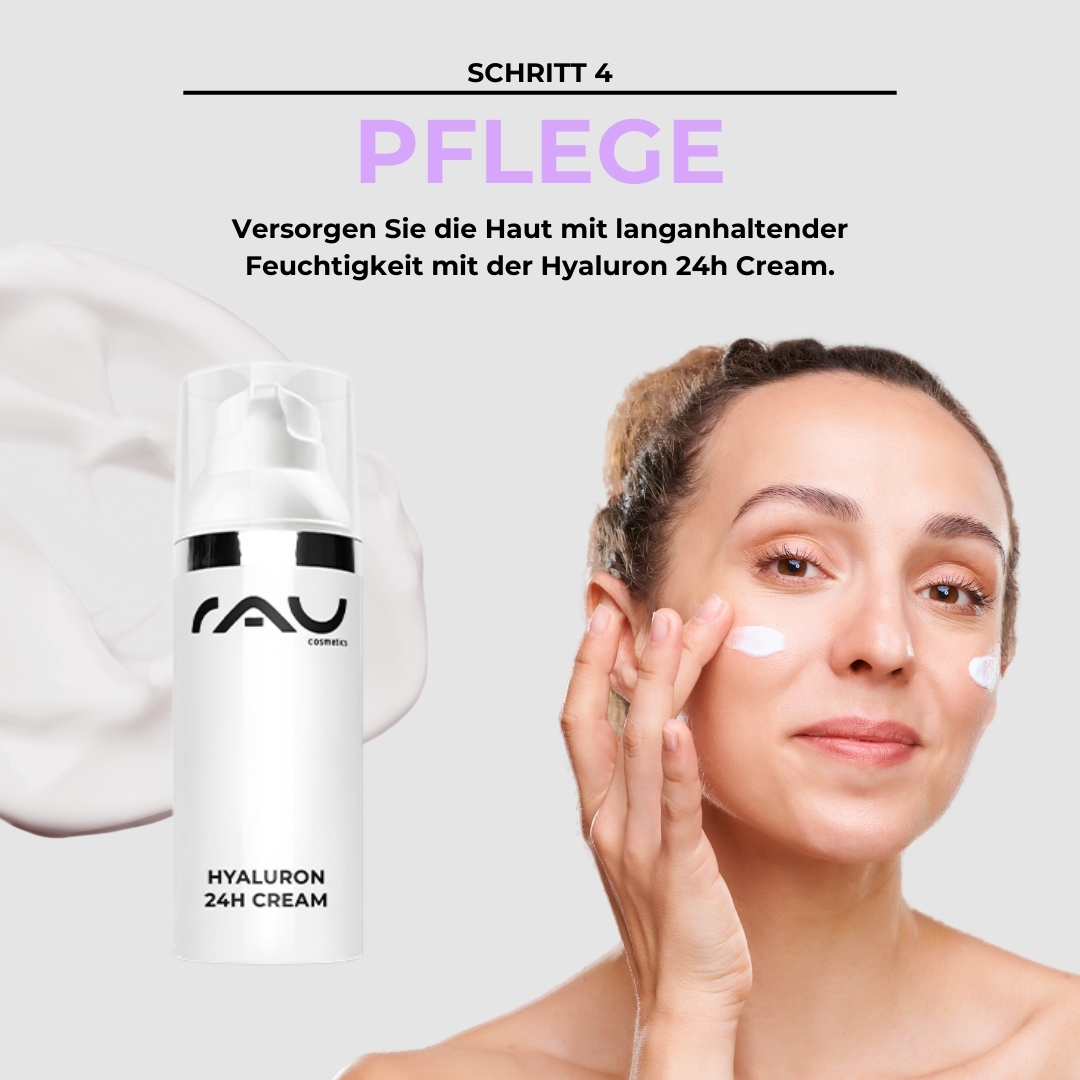 乾燥肌のためのプロフェッショナル・ケア・ルーチン RAU Cosmetics Profi-Pflegeroutine für trockene Haut – Schritt 4: Feuchtigkeitscreme mit 24 h Wirkung für intensive Pflege und Regeneration.