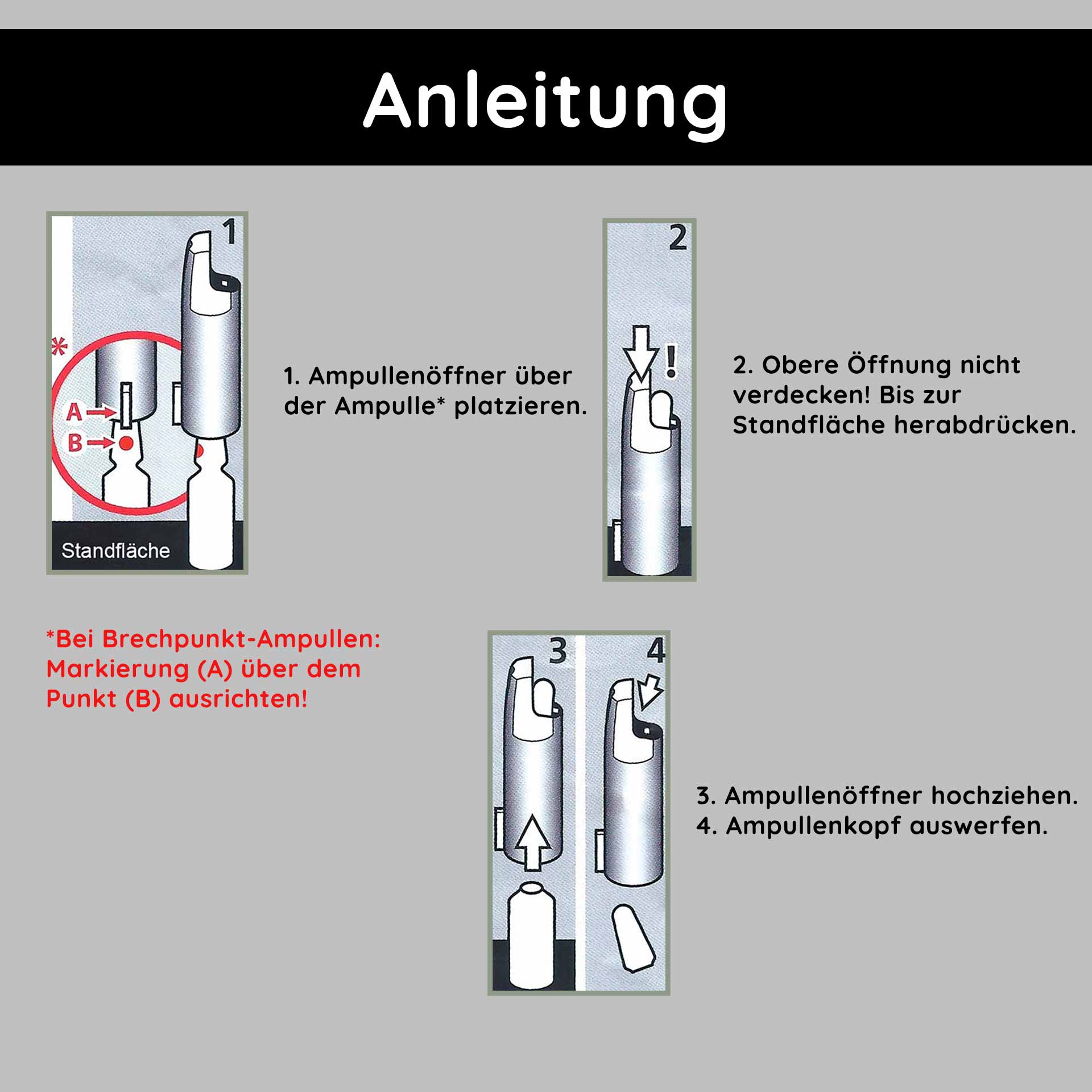 2mlアンプル用アンプルオープナー Ampullenöffner für 2 ml Glasampullen, Anleitung zur sicheren Anwendung, robuster Kunststoff, einfache Handhabung, minimiertes Verletzungsrisiko, Schritt-für-Schritt-Anleitung zur Öffnung von Ampullen.