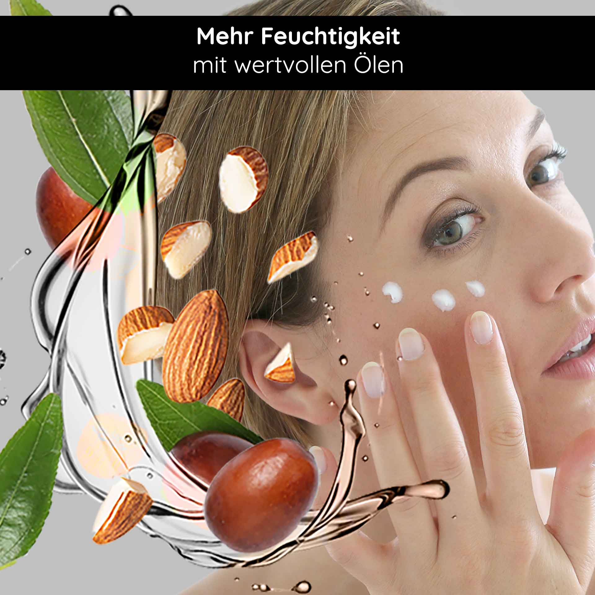 キャビア・アイクリーム 15ml 成熟した目元のために Frau, die Feuchtigkeitscreme mit wertvollen Ölen auf ihr Gesicht aufträgt, umgeben von Mandeln und pflanzlichen Extrakten, betont die Hautpflege und Hydratation.