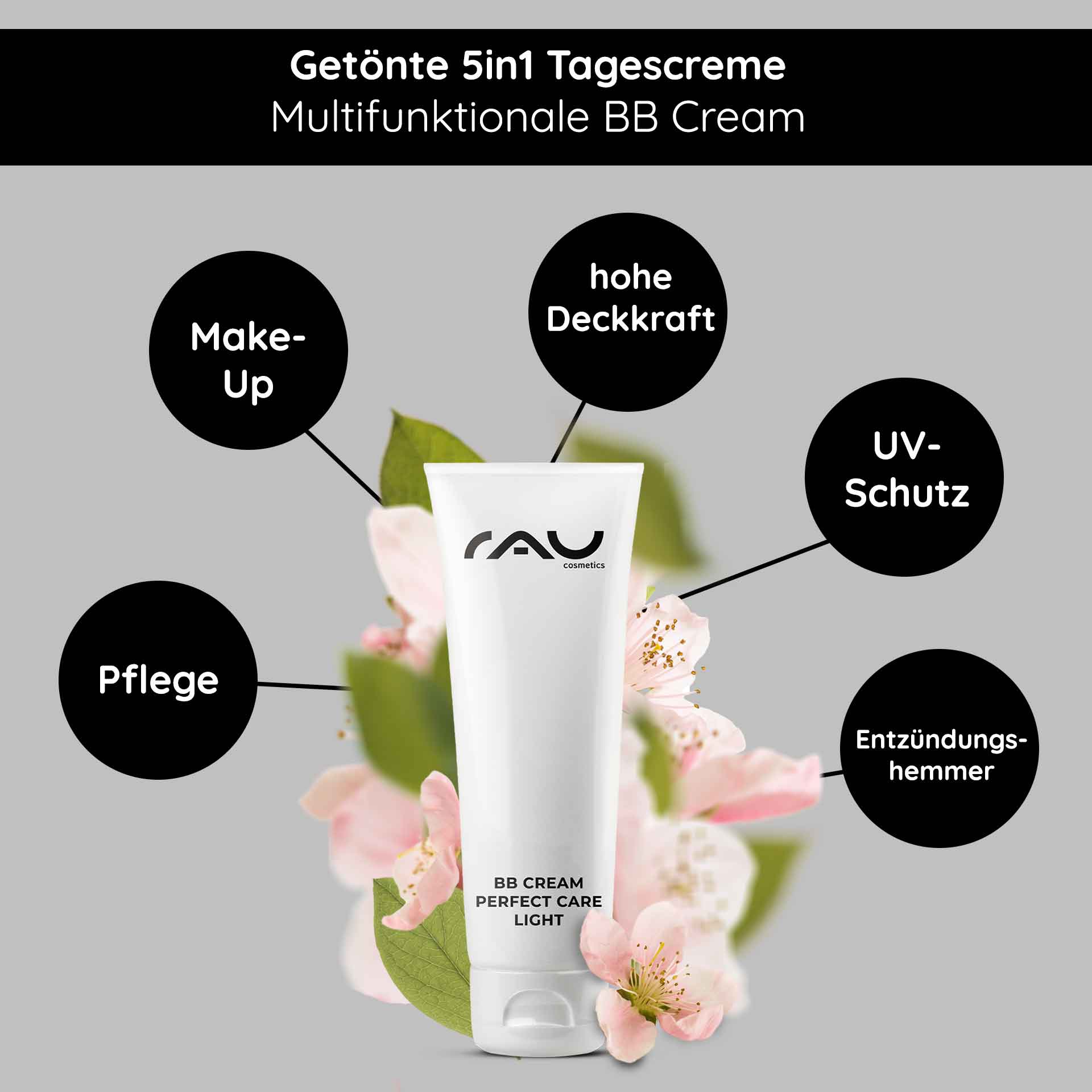BBクリーム パーフェクトケア ライト 75ml SPF12 メイクアップ & ケア RAU BB Cream Perfect Care Leichte Tube mit floralem Hintergrund, die multifunktionale Vorteile hervorhebt: hohe Deckkraft, UV-Schutz, Hautpflege und entzündungshemmende Eigenschaften.