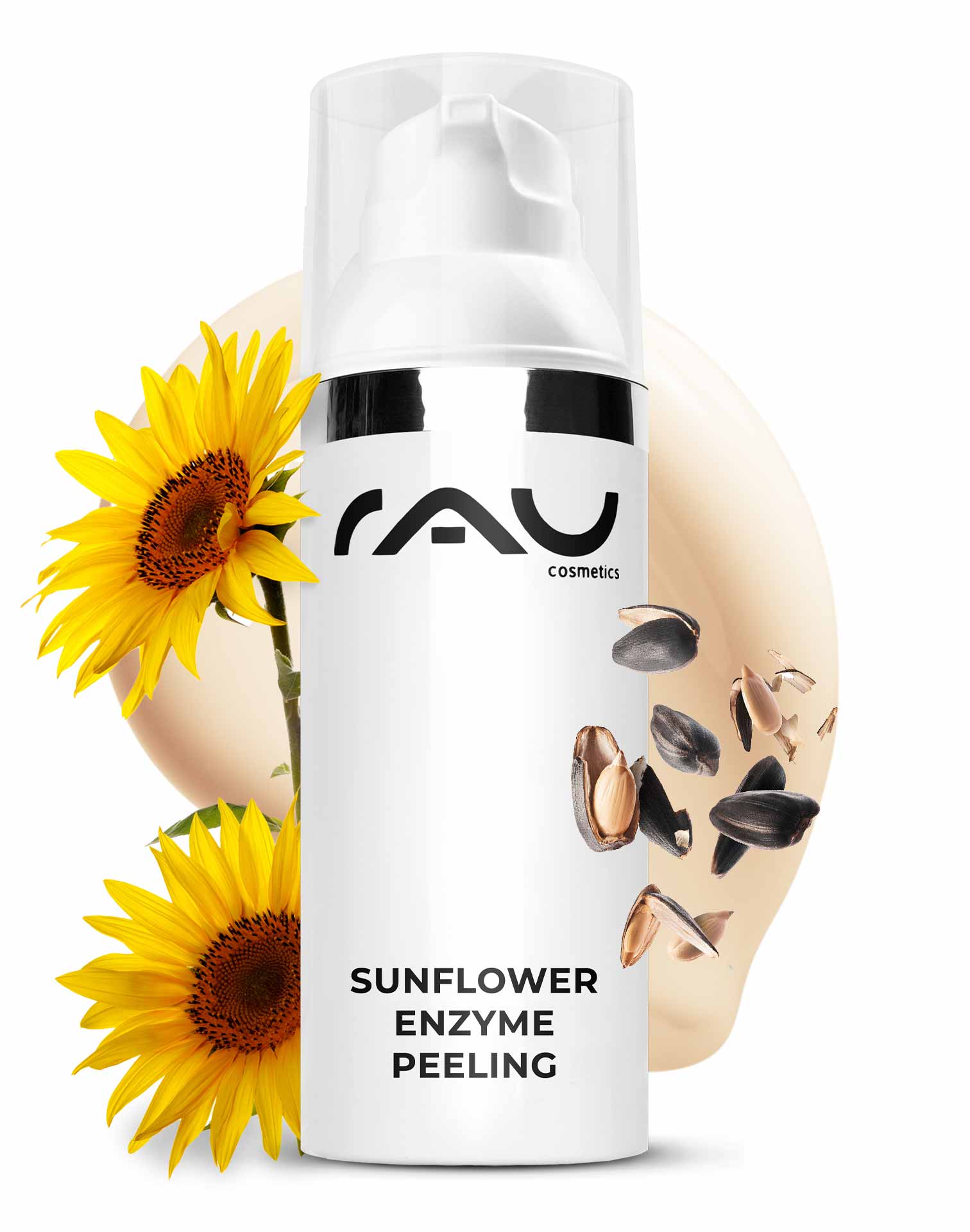 ひまわり酵素ピーリング 50ml 化学酵素ピーリング Verpackung des Sonnenblumen-Enzym-Peelings mit Sonnenblumenblüten, die den Produktnamen hervorheben und die Vorteile des enzymatischen Peelings für empfindliche Haut hervorheben.