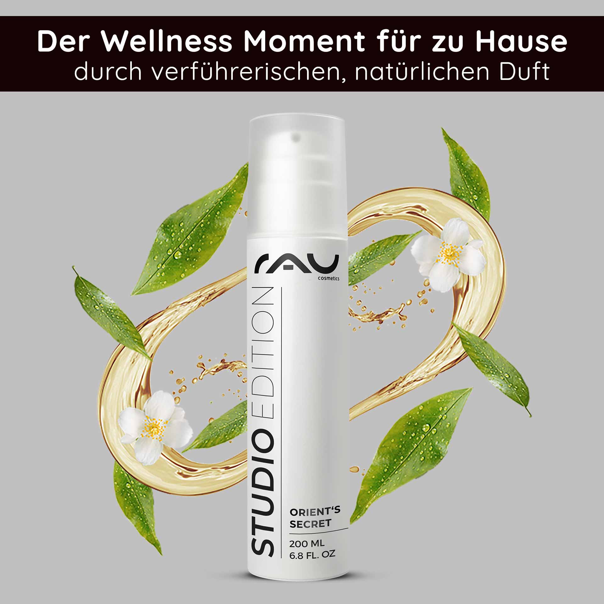 オリエント・シークレット 200ml アムネシスト・パウダー入り Gesichtscreme Orient's Secret von RAU Cosmetics in 200 ml, umgeben von natürlichen Zutaten wie Blüten und Blättern, betont die pflegenden Eigenschaften und den frischen Duft.