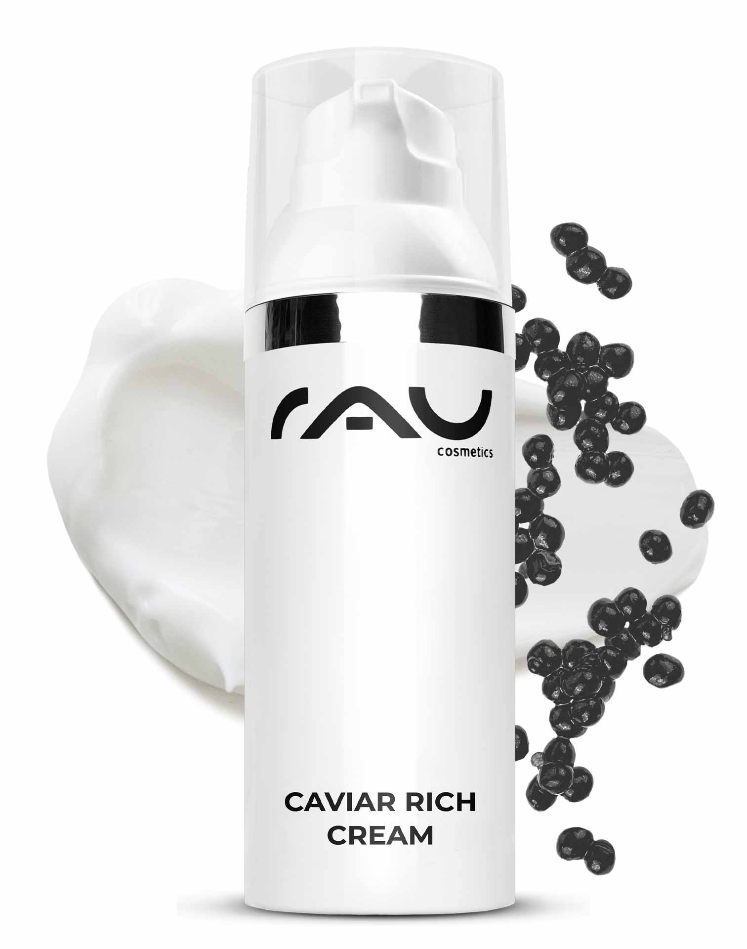 キャビア リッチクリーム 50ml リッチなエイジングケアクリーム Verpackung der RAU Cosmetics Caviar Rich Cream mit Kaviarperlen und Cremetextur, die Anti-Aging-Eigenschaften für trockene und reife Haut hervorhebt.