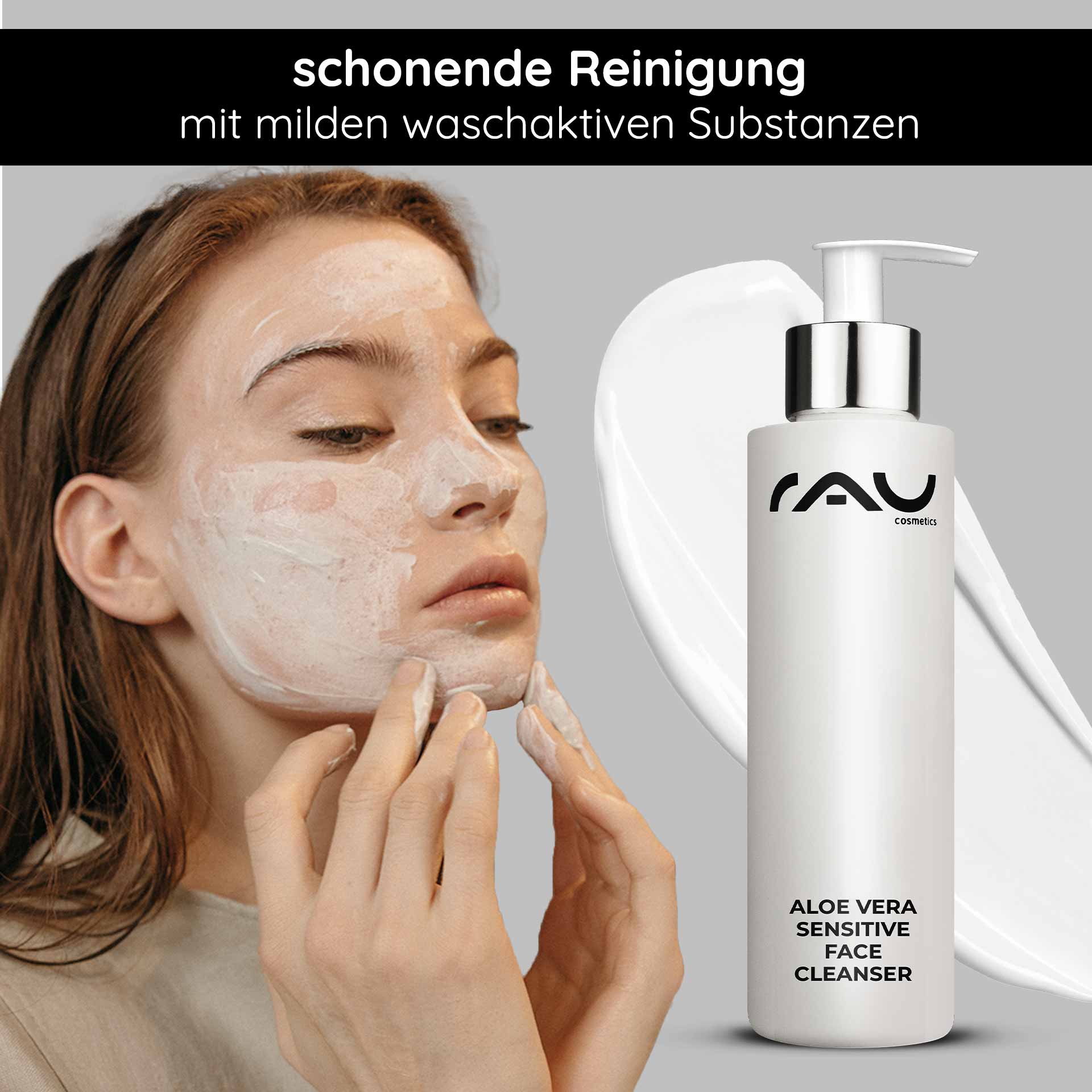 アロエベラ 敏感肌用洗顔料 200ml クレンザー Frau mit Gesichtsmaske und Aloe Vera Sensitive Face Cleanser von RAU Cosmetics, sanfte Reinigung für empfindliche Haut, milde waschaktive Substanzen.