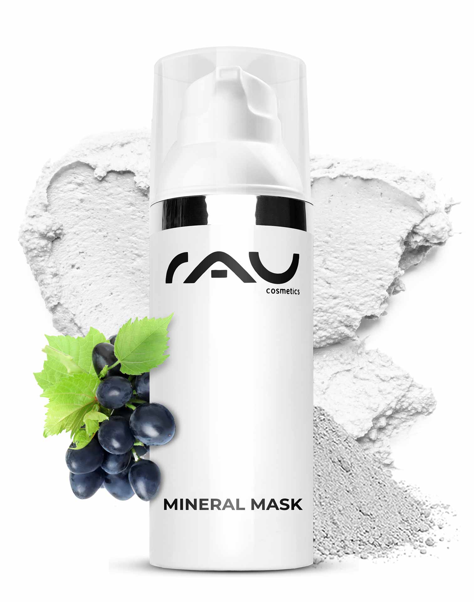 ミネラルマスク 50ml マティファイング・フェイスマスク Mineral Mask von RAU Cosmetics in einer eleganten Verpackung mit Pflanzenmotiven, umgeben von Rügener Heilkreide, ideal für unreine und empfindliche Haut, unterstützt die Hautregeneration und mattiert.