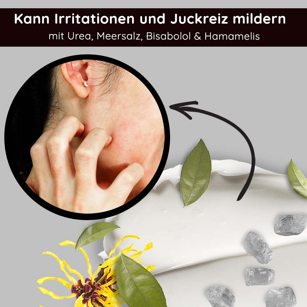 シーソルト カーミングクリーム 50ml フェイスクリーム シーソルト配合 Mensch mit gereizter Haut, die Juckreiz verspürt, umgeben von Meersalz, Bisabolol und Hamamelis, visualisiert die beruhigenden Eigenschaften der Sea Salt Calming Cream von RAU Cosmetics.