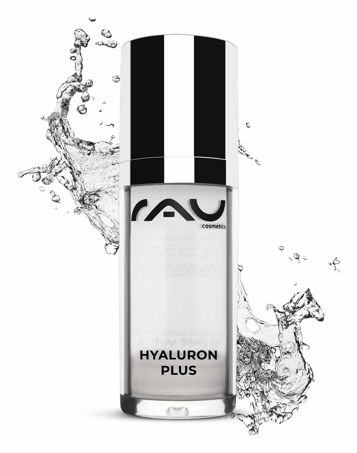 ヒアルロン プラス 30ml インスタント リフティング ジェル RAU Cosmetics Hyaluron Plus Serumflasche mit Splash-Effekt, die Anti-Aging-Eigenschaften und Eignung für trockene, reife Haut hervorhebt.
