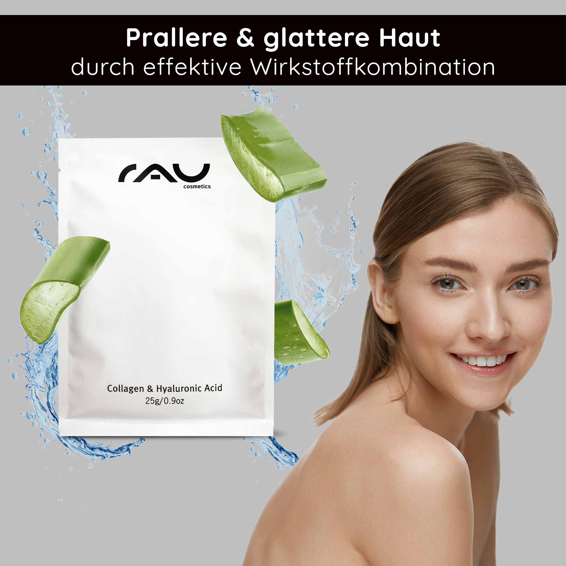 コラーゲン&ヒアルロン酸マスク フリースマスク 10枚入り Verpackung einer Gesichtsmaske aus Kollagen und Hyaluronsäure mit Aloe-Vera-Elementen und einer lächelnden Frau, die gesunde Haut präsentiert und die Feuchtigkeitsversorgung und Anti-Aging-Vorteile betont.