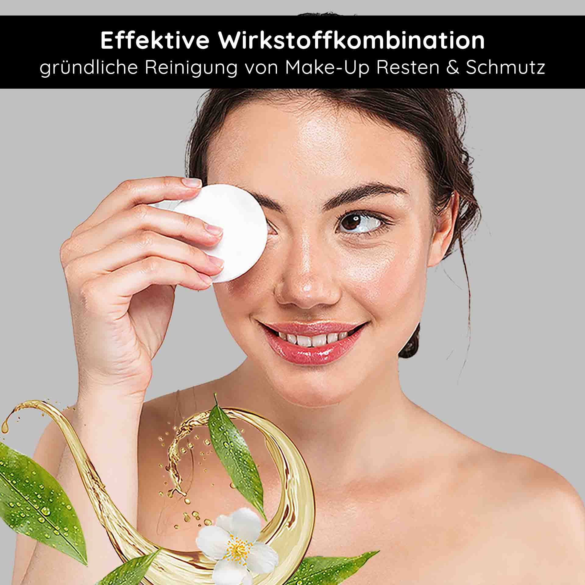 AHA トニック 200ml - エイジングケア効果のある化粧水 Frau mit Make-Up-Entferner-Pad reinigt sanft ihr Gesicht, um Make-Up-Reste und Schmutz zu entfernen, umgeben von natürlichen Extrakten und Wasser, symbolisiert sanfte Hautpflege und effektive Wirkstoffkombination.