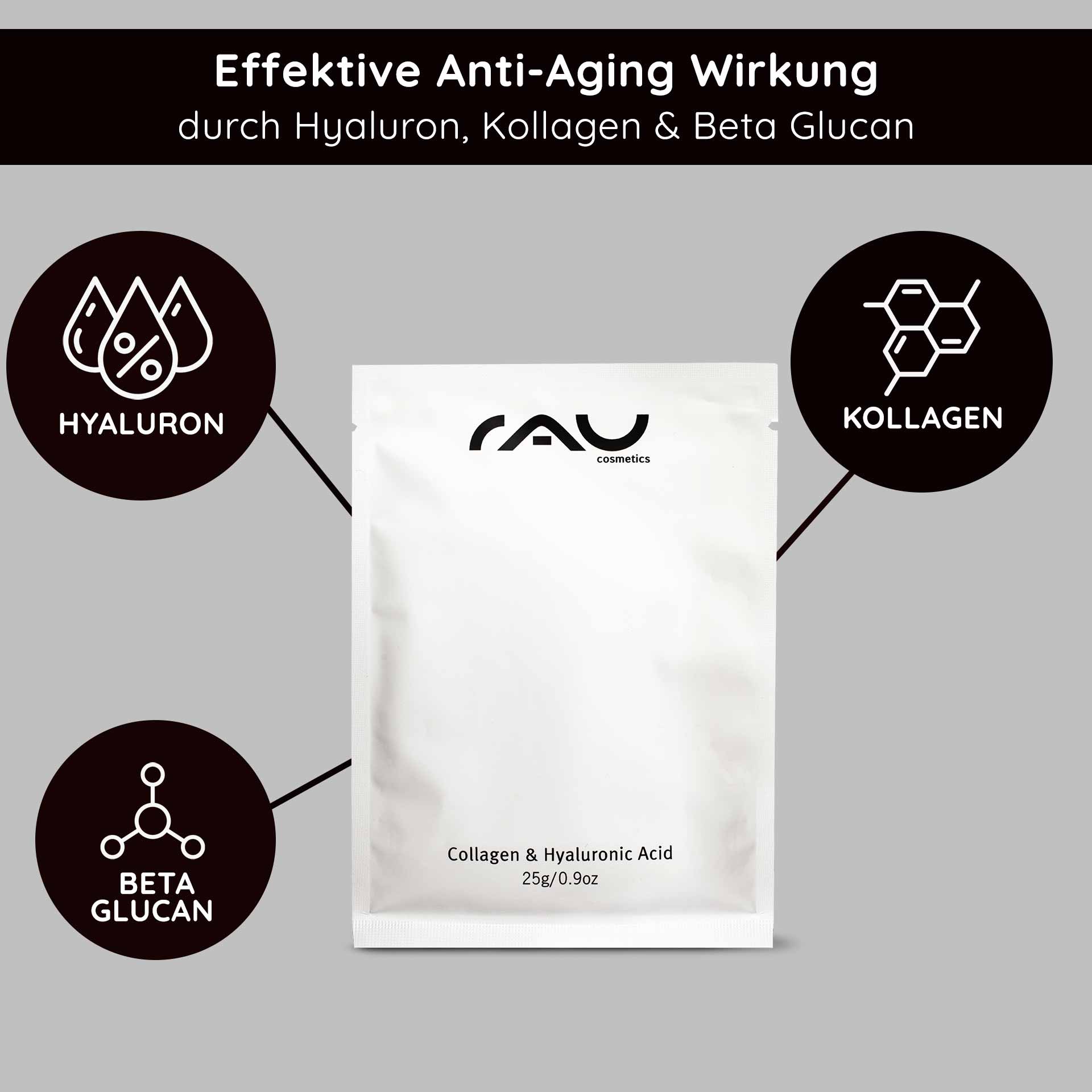 コラーゲン&ヒアルロン酸マスク フリースマスク 10枚入り Verpackung einer Gesichtsmaske aus Kollagen und Hyaluronsäure mit Aloe-Vera-Elementen und einer lächelnden Frau, die gesunde Haut präsentiert und die Feuchtigkeitsversorgung und Anti-Aging-Vorteile betont.