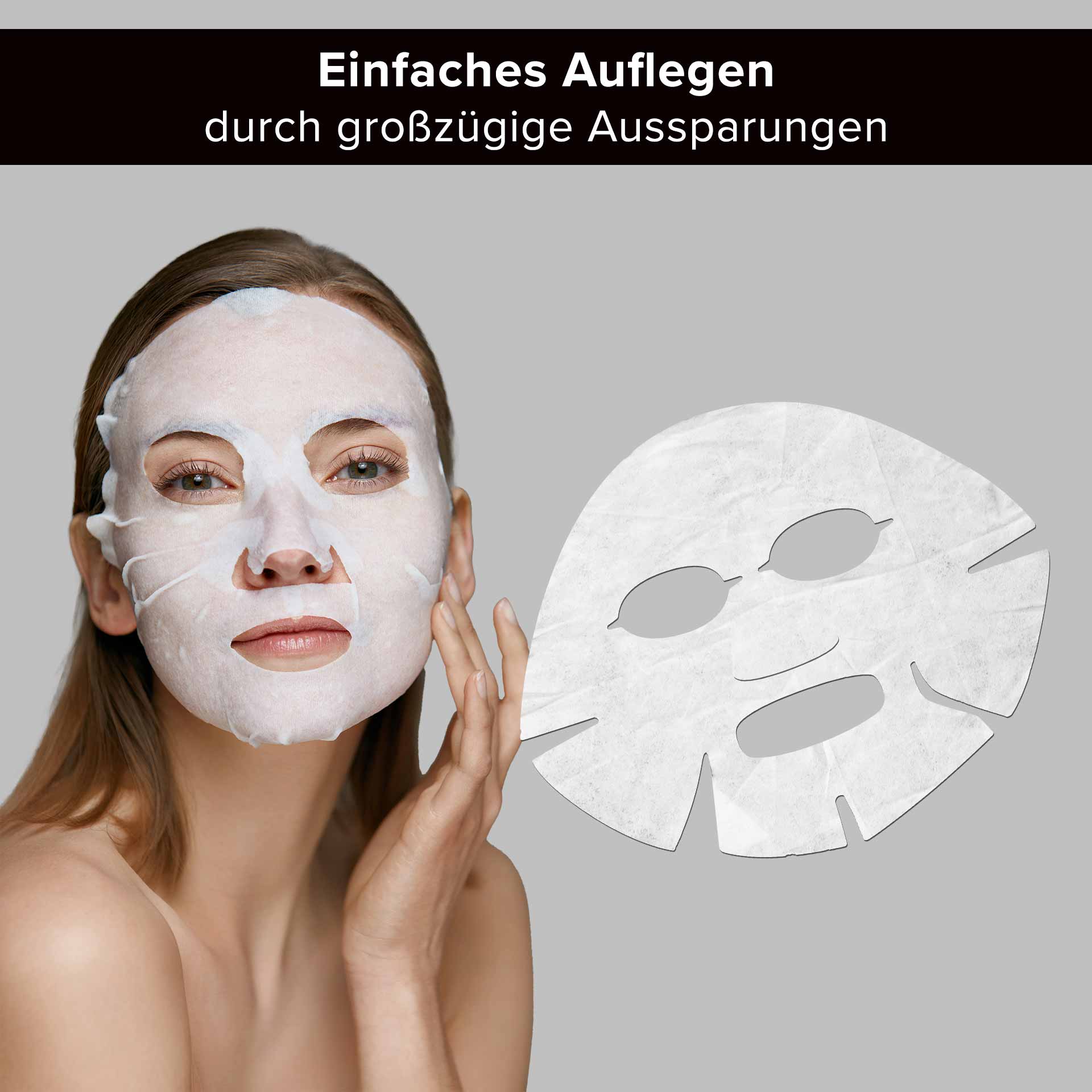 コラーゲン&ヒアルロン酸マスク フリースマスク 10枚入り Frau mit Gesichtsmaske aus Vlies, die die Vorteile der RAU Cosmetics Collagen & Hyaluronsäure-Maske demonstriert, mit einem zweiten, unbenutzten Maskenblatt daneben, betont die einfache Anwendung durch großzügige Aussparungen.